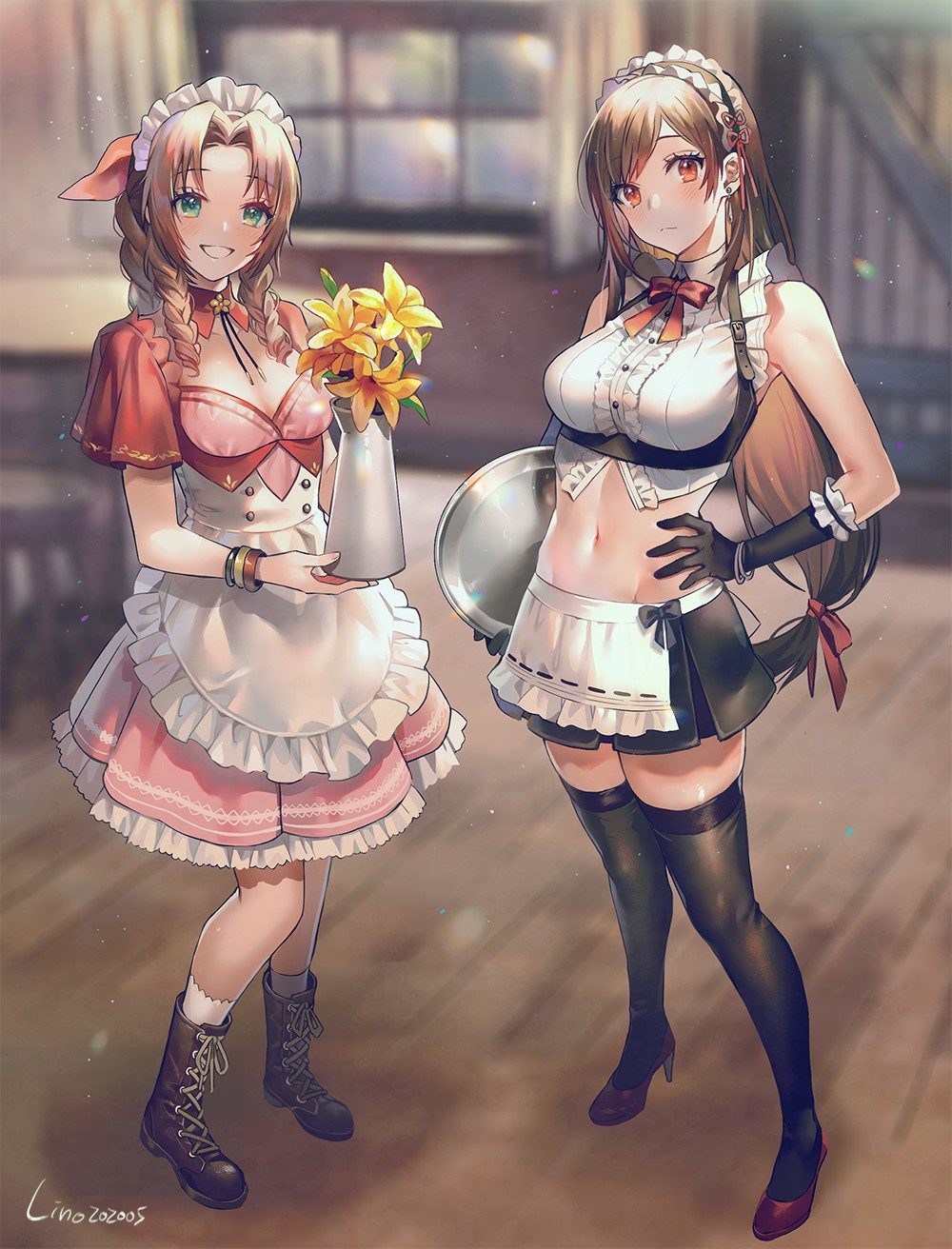 Aerith and Tifa from Final Fantasy VII in maid outfits HD Phone Wallpaper