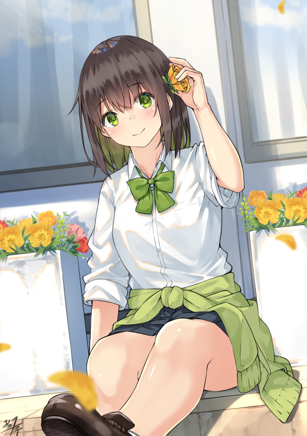 Anime girl with green eyes and flowers HD Phone Wallpaper