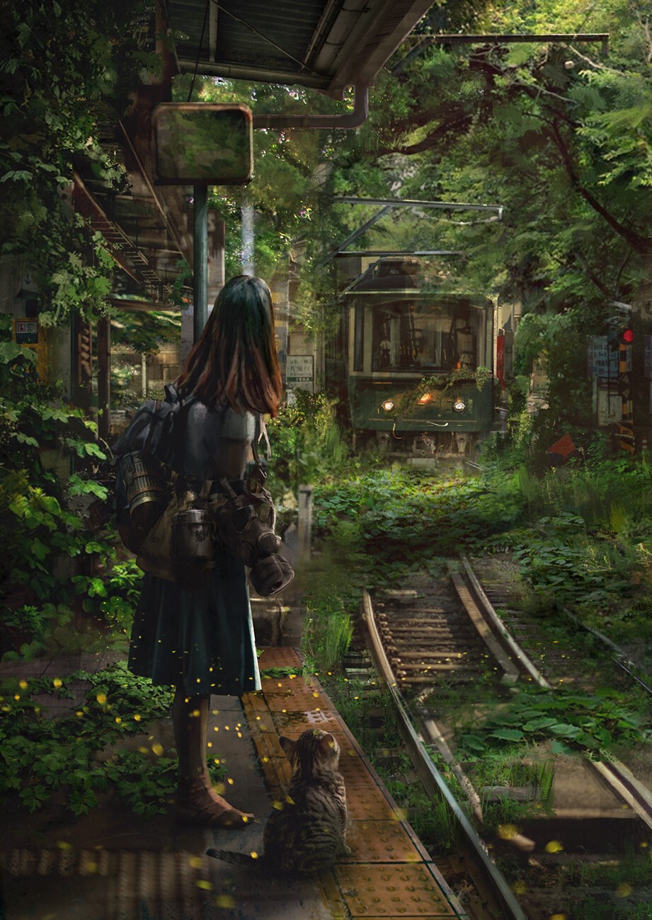 Girl and cat at overgrown tram station HD Phone Wallpaper