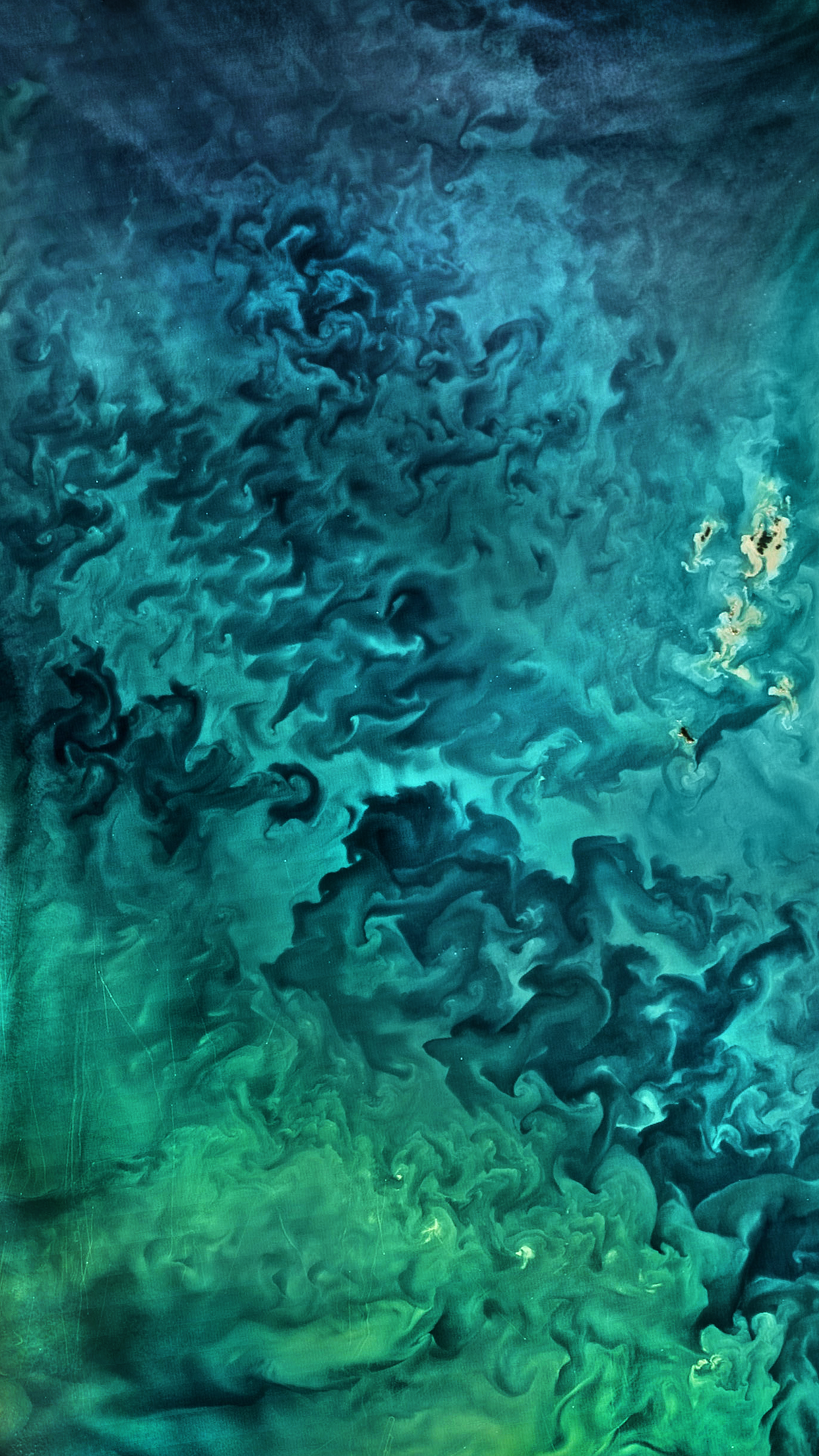 Aerial view of ocean currents and phytoplankton bloom HD Phone Wallpaper