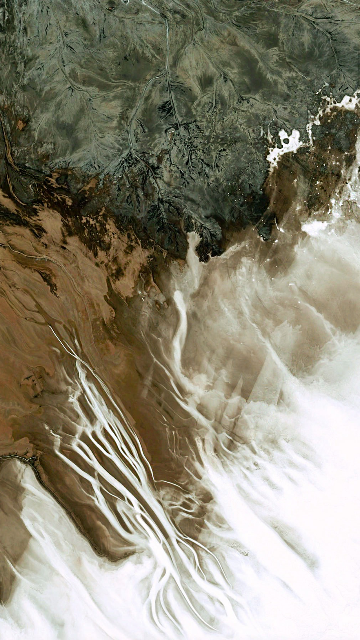 Satellite view of arid landscape with river delta HD Phone Wallpaper