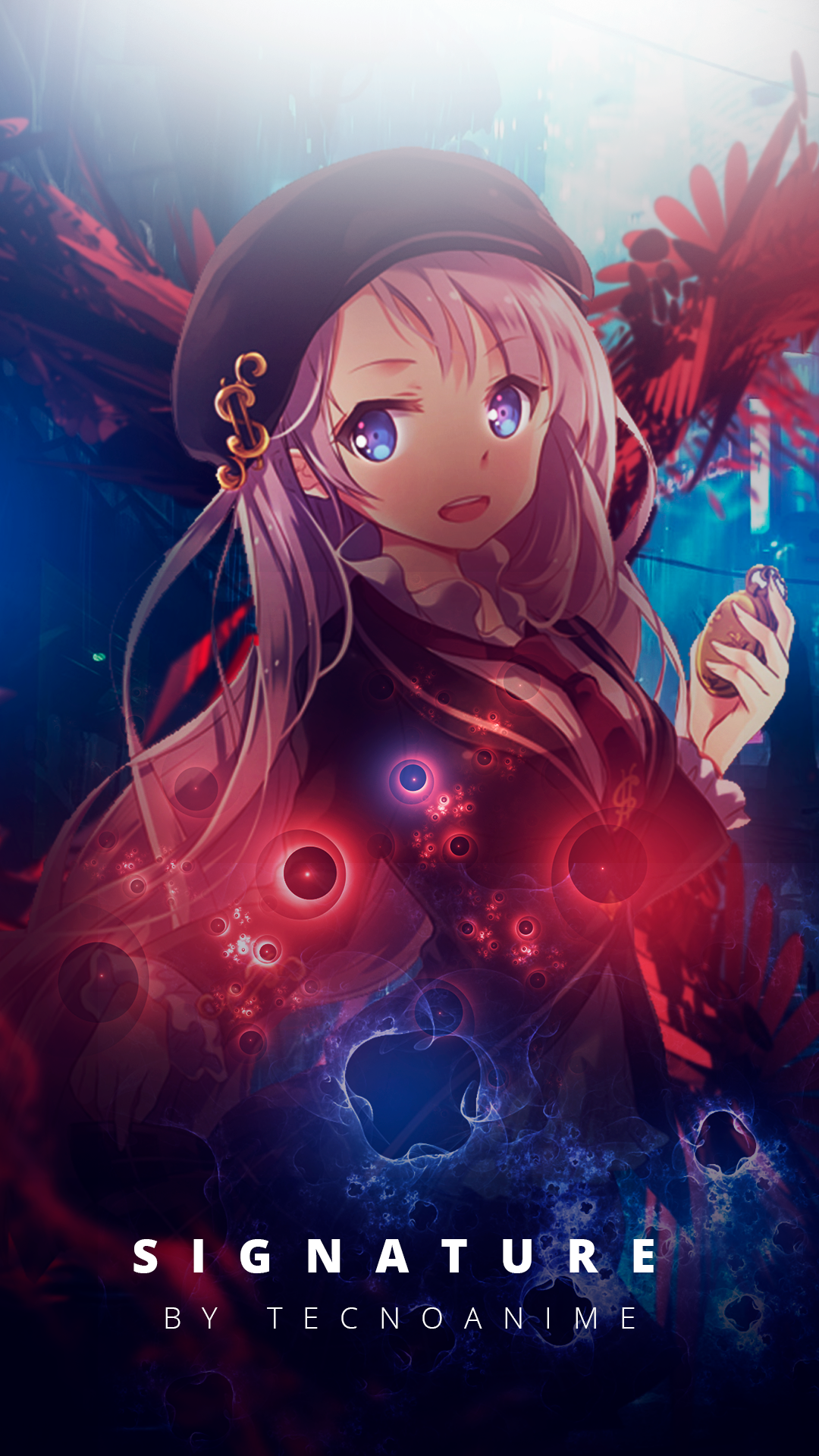 Anime girl with pink hair and blue eyes, signature art HD Phone Wallpaper