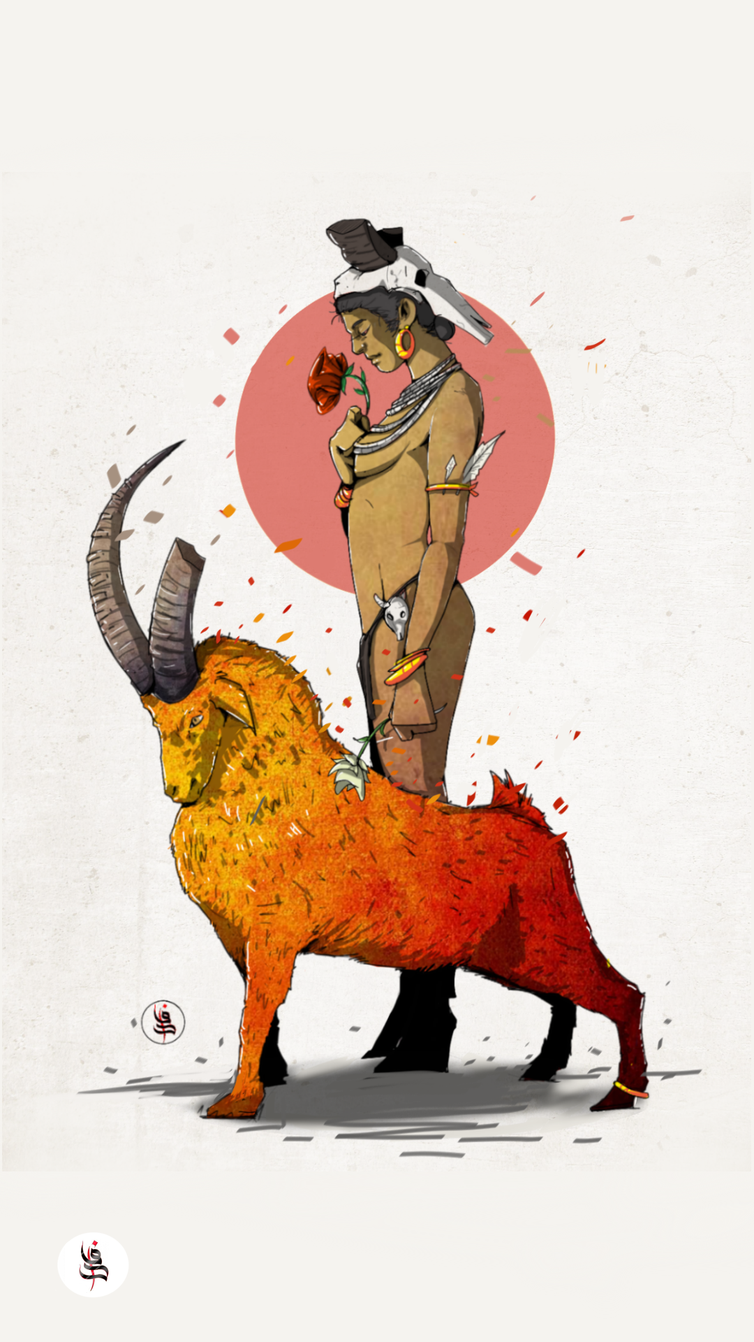 Illustration of a woman with a ram and a rose HD Phone Wallpaper