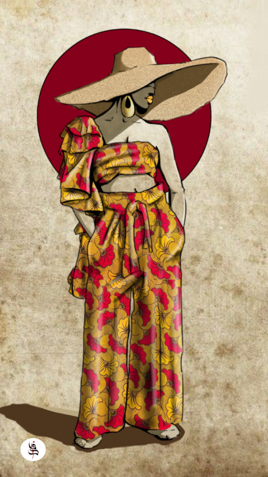Illustration of a woman in a wide-brimmed hat and floral outfit HD Phone Wallpaper