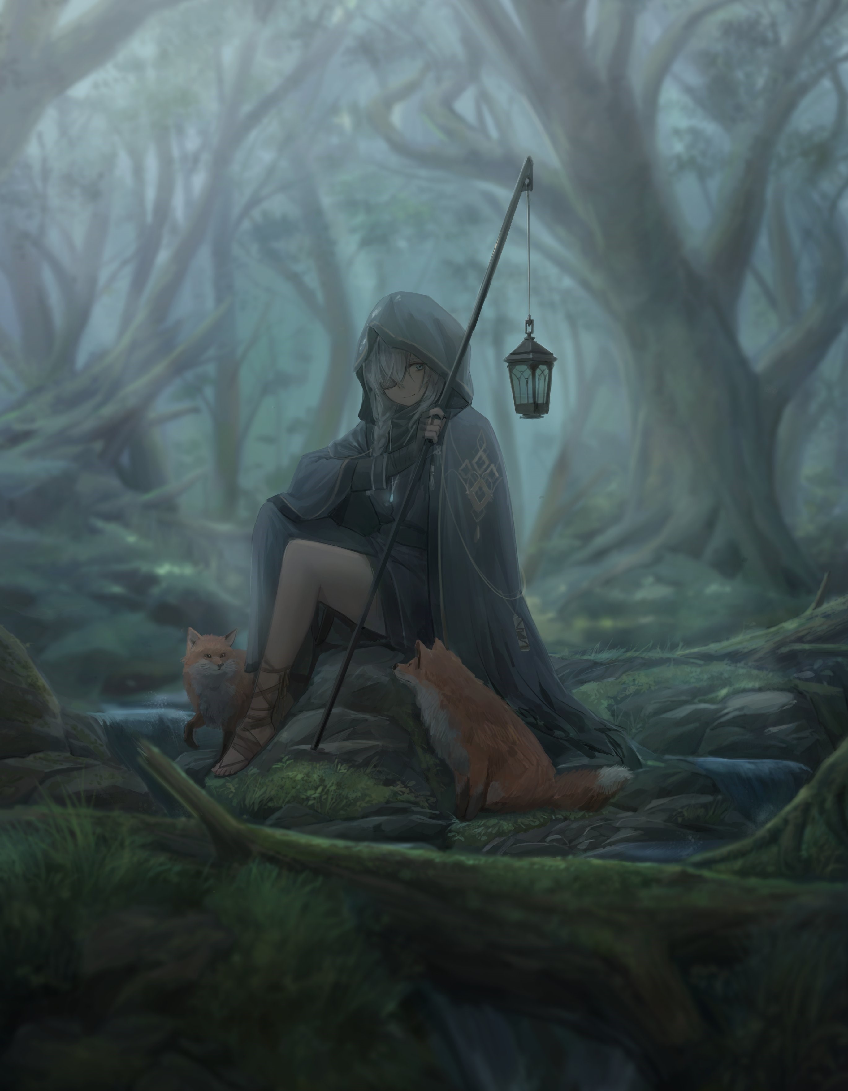 Anime girl with hood and lantern in a foggy forest with foxes HD Phone Wallpaper