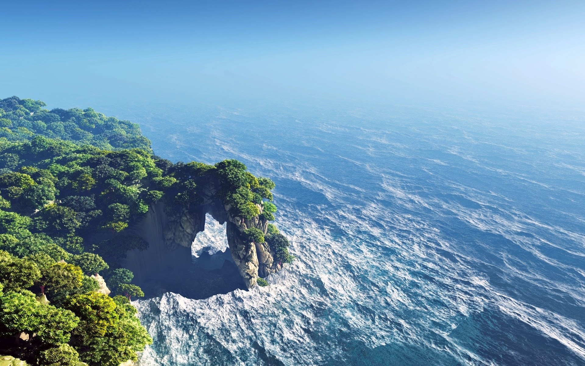 Island cliff with archway overlooking the ocean HD Wallpaper