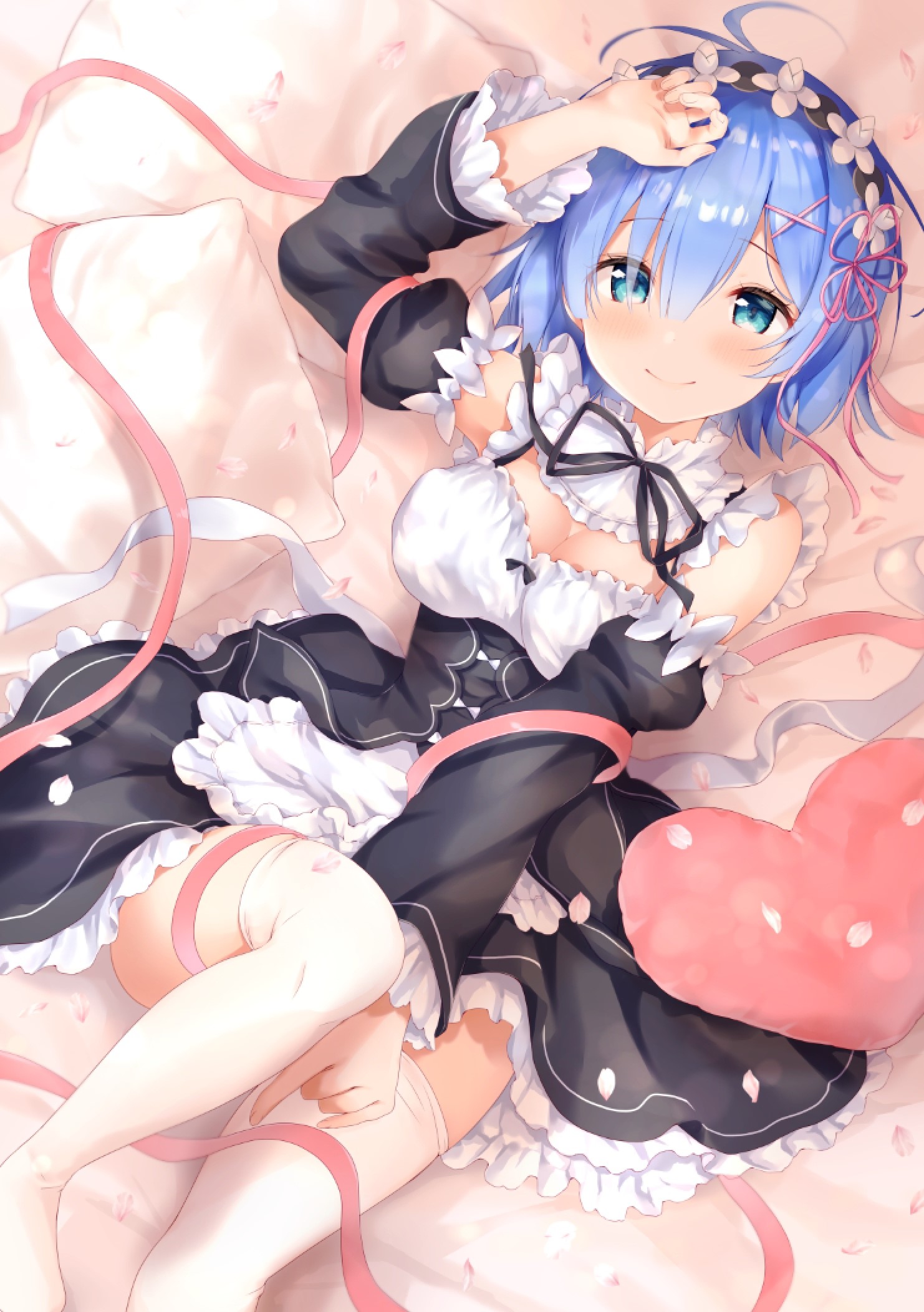Rem from Re:Zero in a maid outfit lying on a bed HD Phone Wallpaper