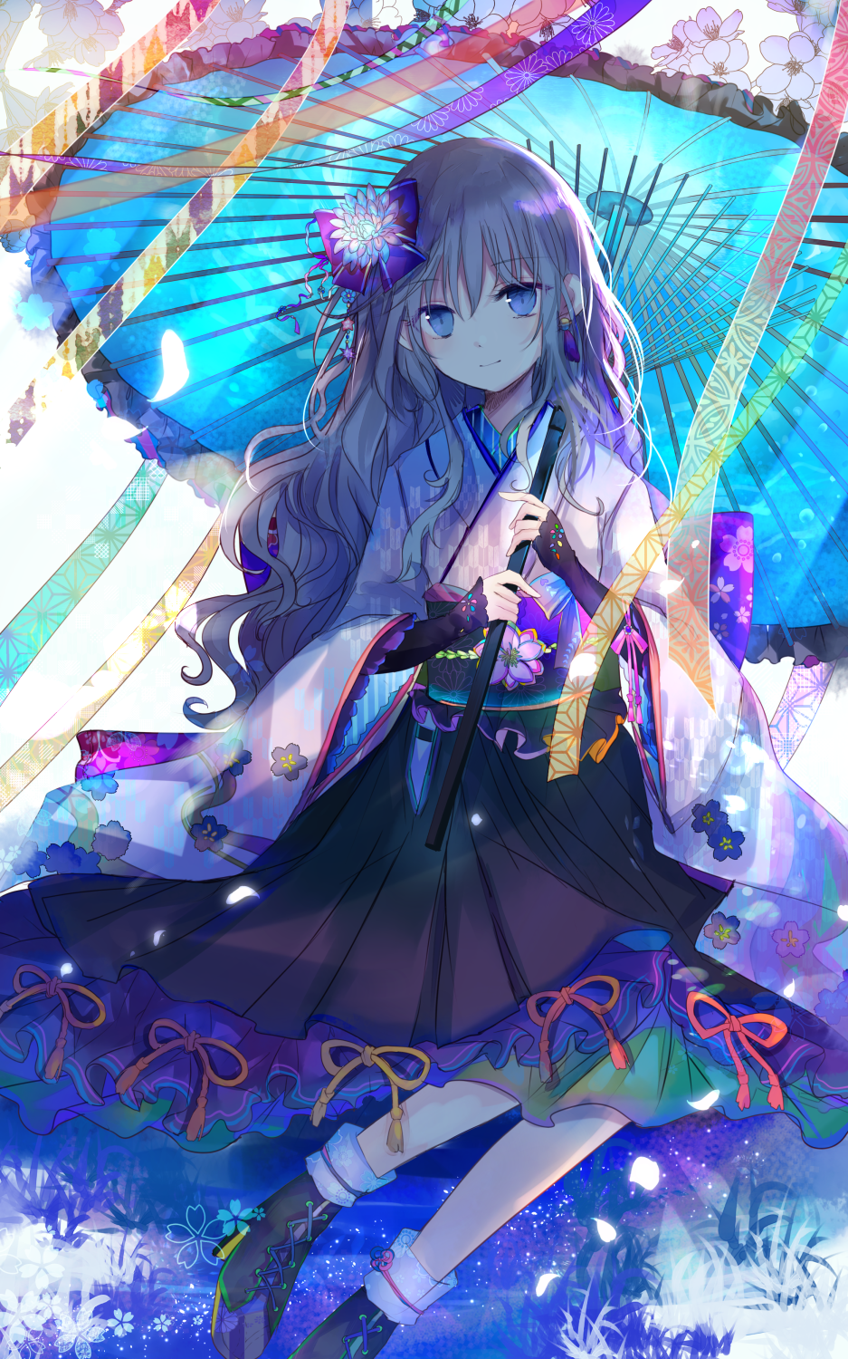 Anime girl in kimono holding a blue umbrella HD Phone Wallpaper