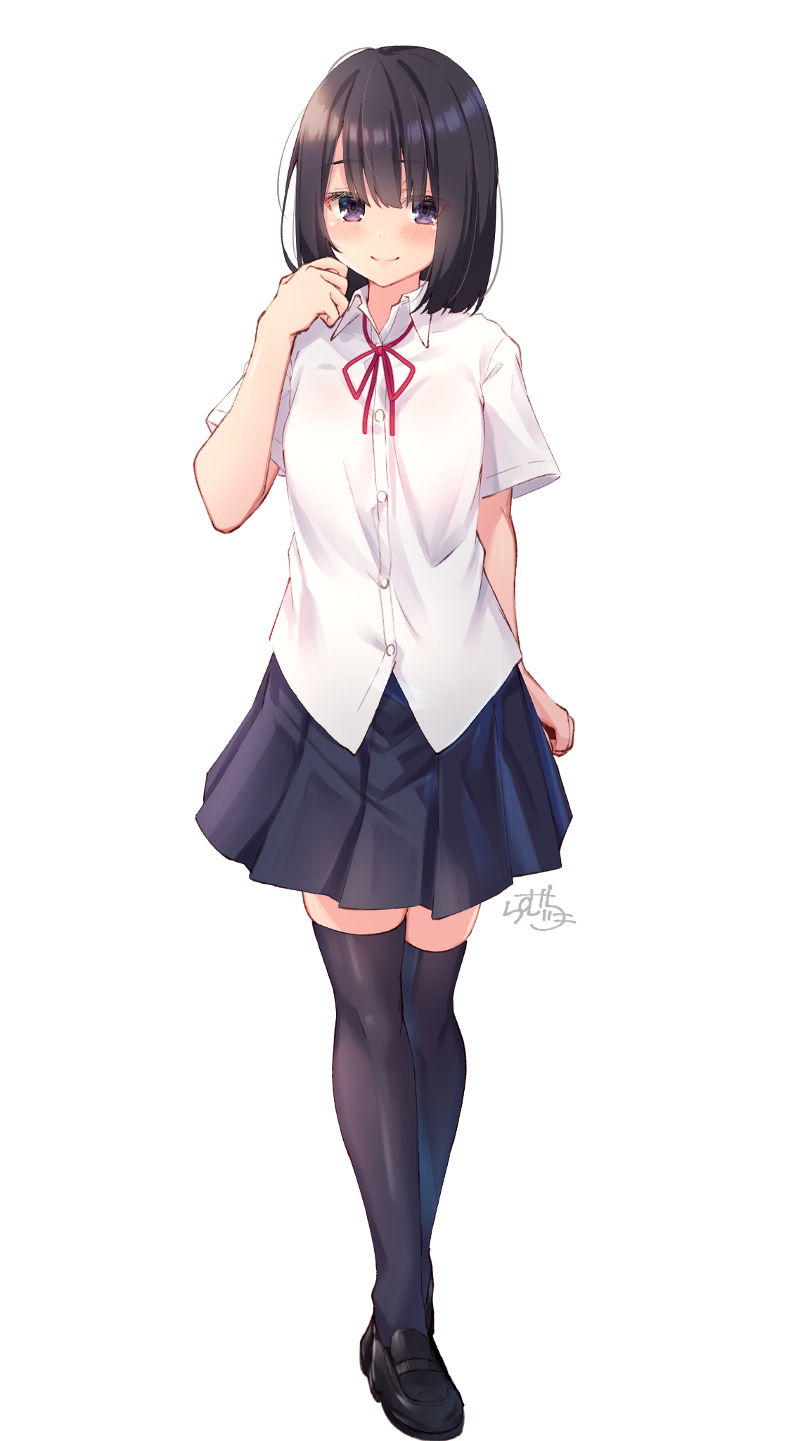 Anime girl with short dark hair and purple eyes in school uniform HD Phone Wallpaper