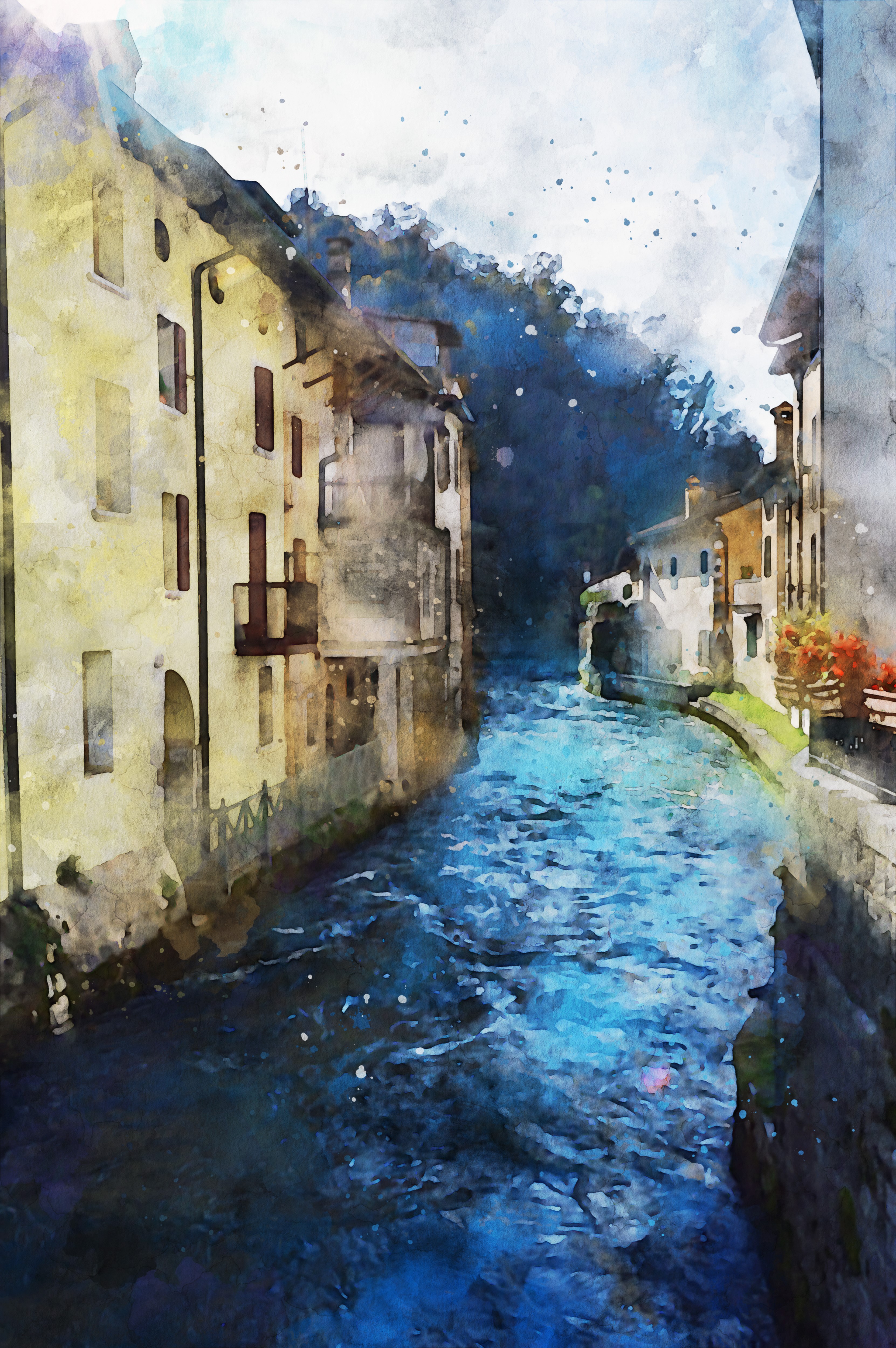 Watercolor painting of a canal in an Italian town HD Phone Wallpaper