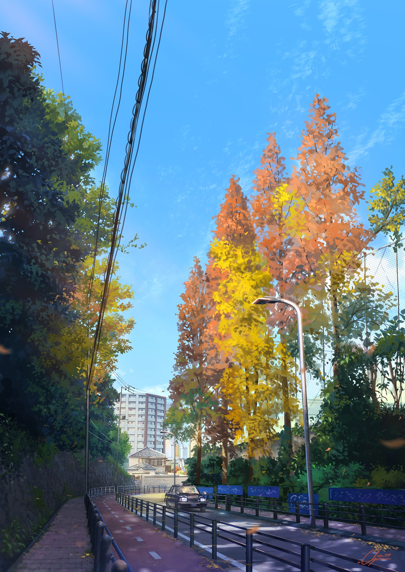 Autumn trees line a street with a car and buildings HD Phone Wallpaper