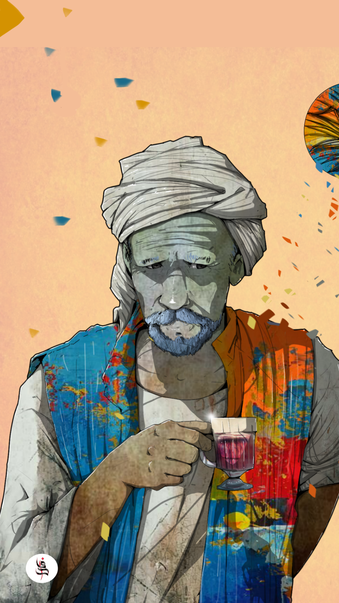 Man in turban holding a cup of tea, digital artwork HD Phone Wallpaper
