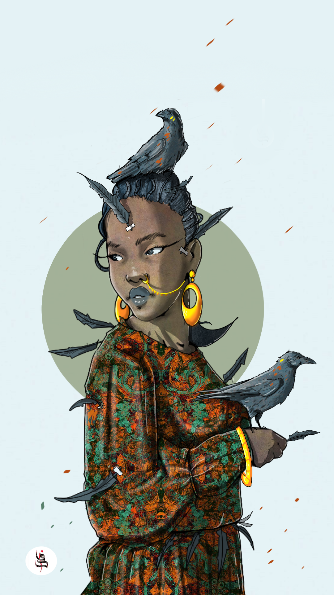 Illustration of a woman with birds and feathers HD Phone Wallpaper