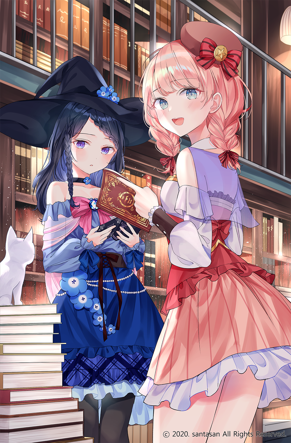 Anime girls with books in a library HD Phone Wallpaper