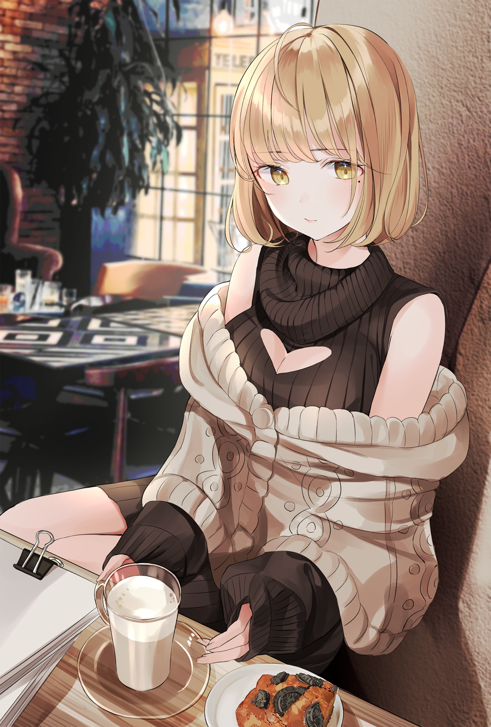 Anime girl with blonde hair in a cafe HD Phone Wallpaper