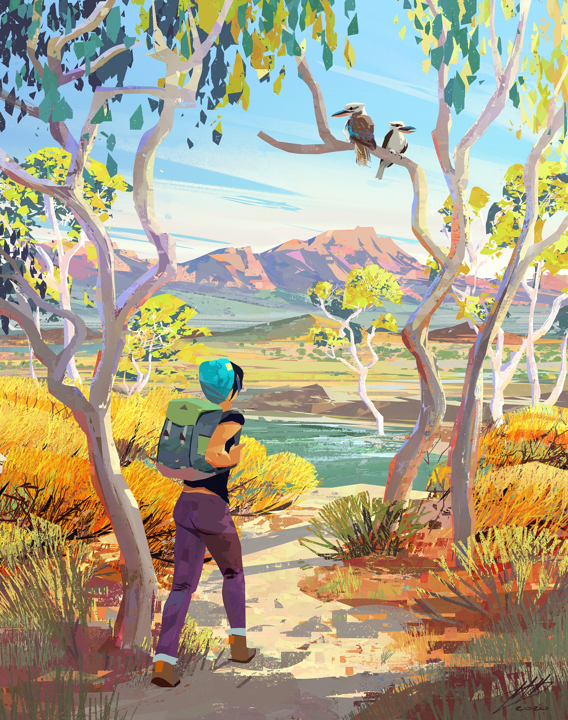 Hiker with backpack in Australian landscape with kookaburras HD Phone Wallpaper