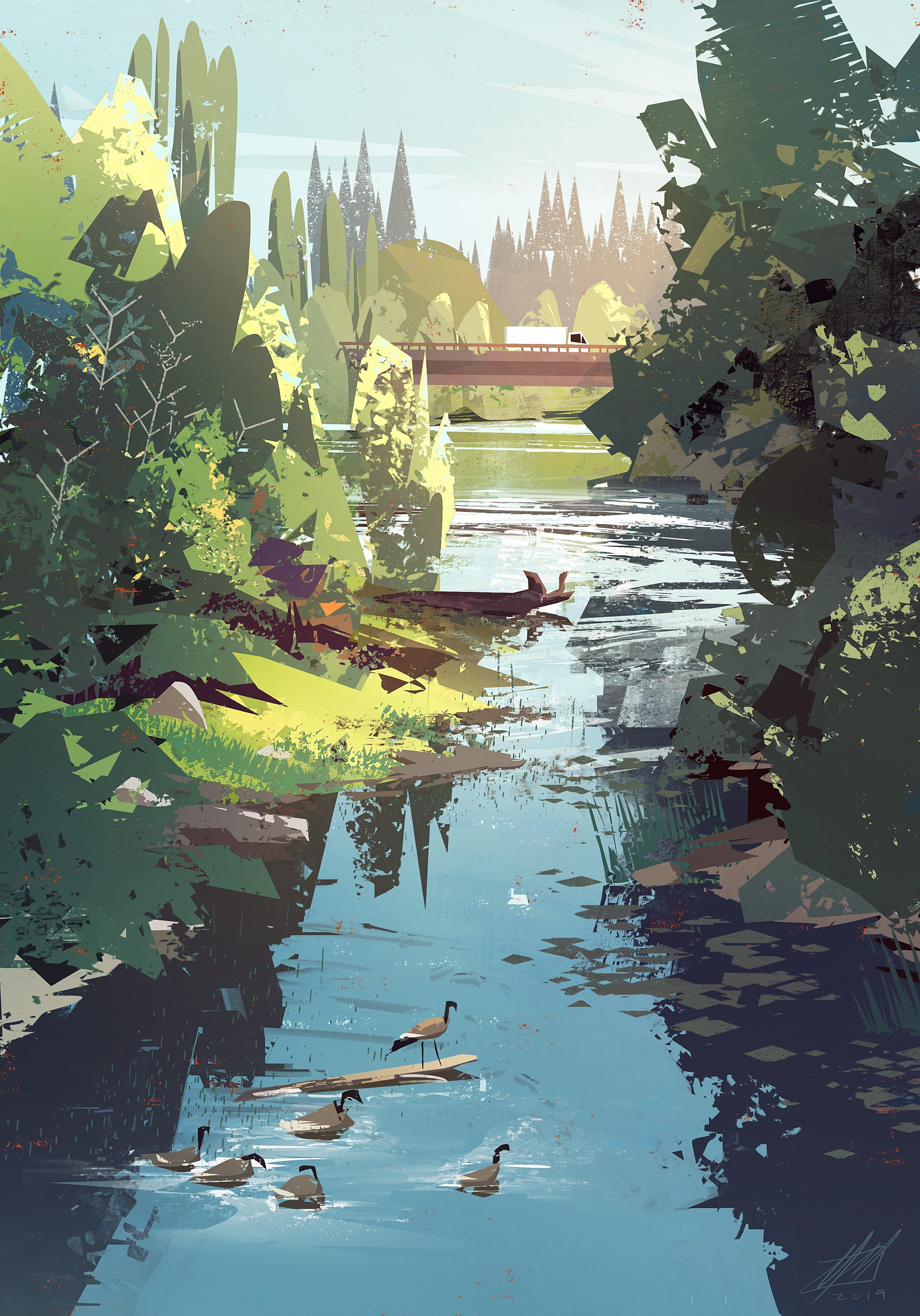 Geese swimming in a river with trees and a bridge HD Phone Wallpaper