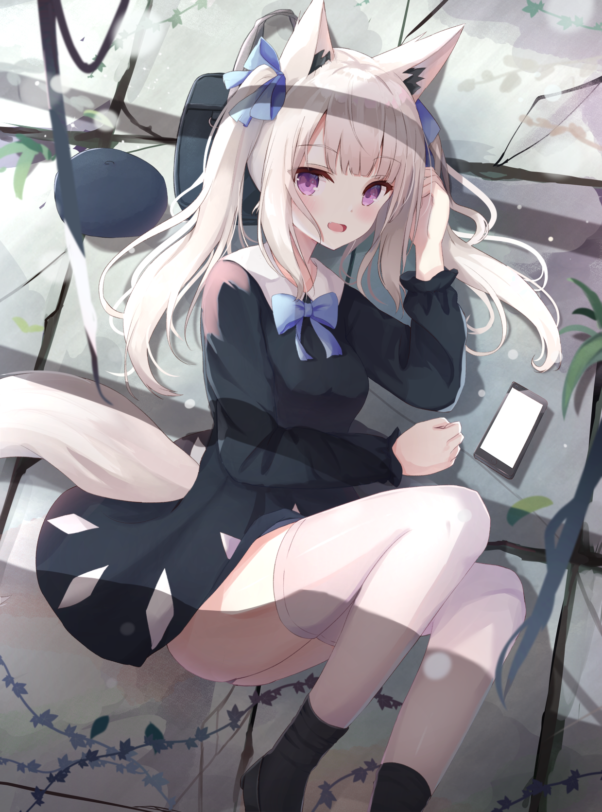 Fox girl with silver twintails and purple eyes lying down HD Phone Wallpaper