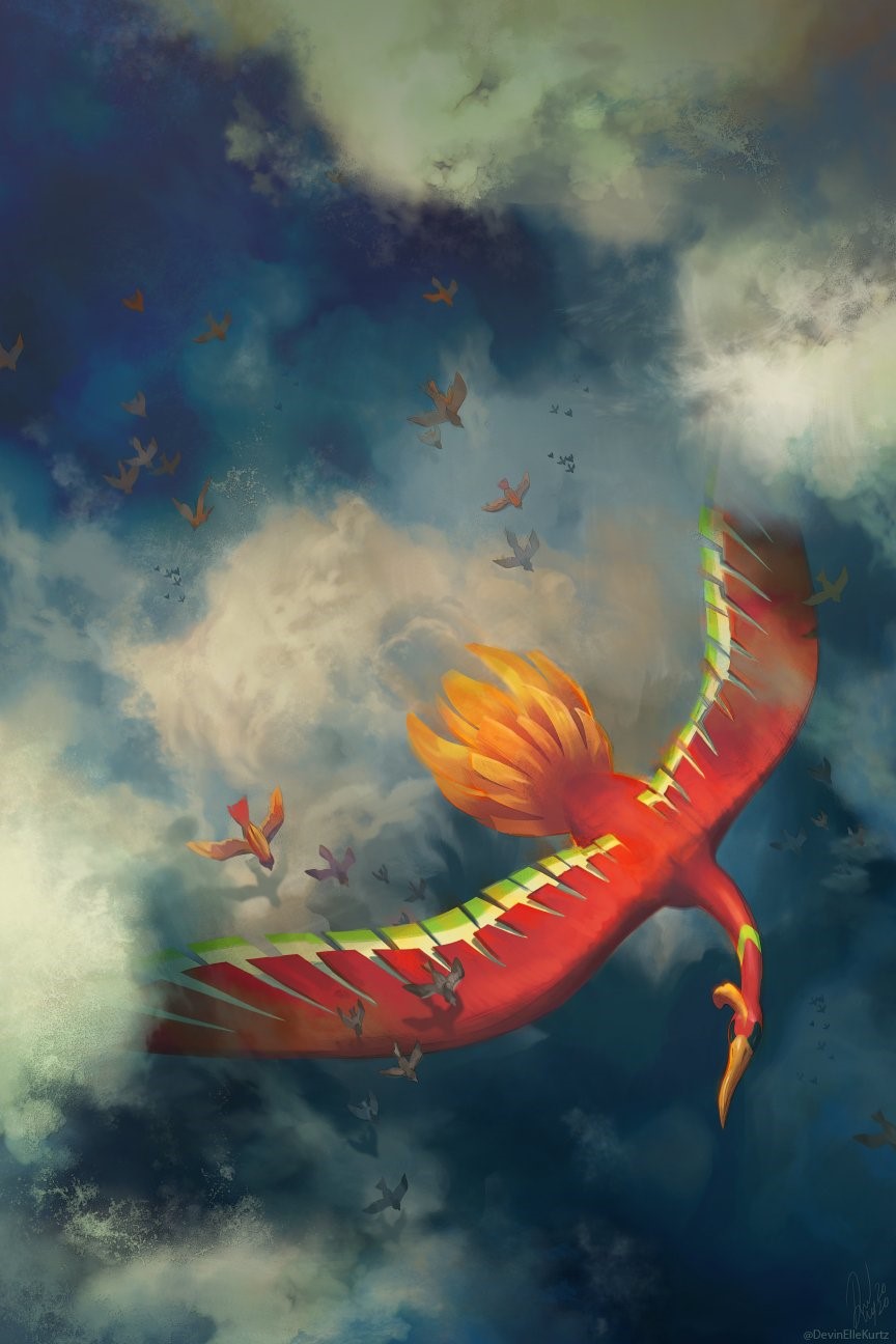 Ho-Oh flying in the sky with birds HD Phone Wallpaper