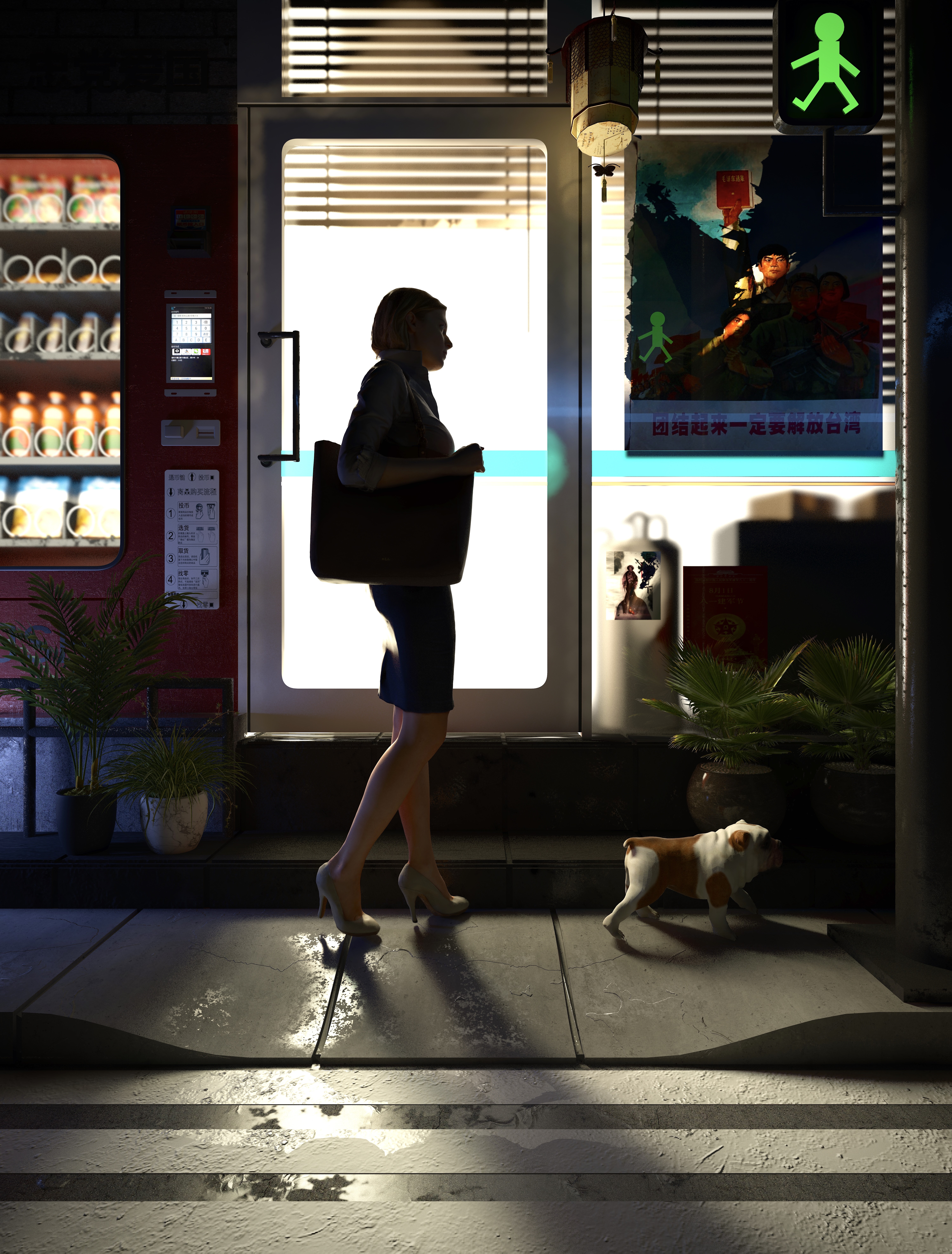 Woman and dog on a wet street at night HD Phone Wallpaper