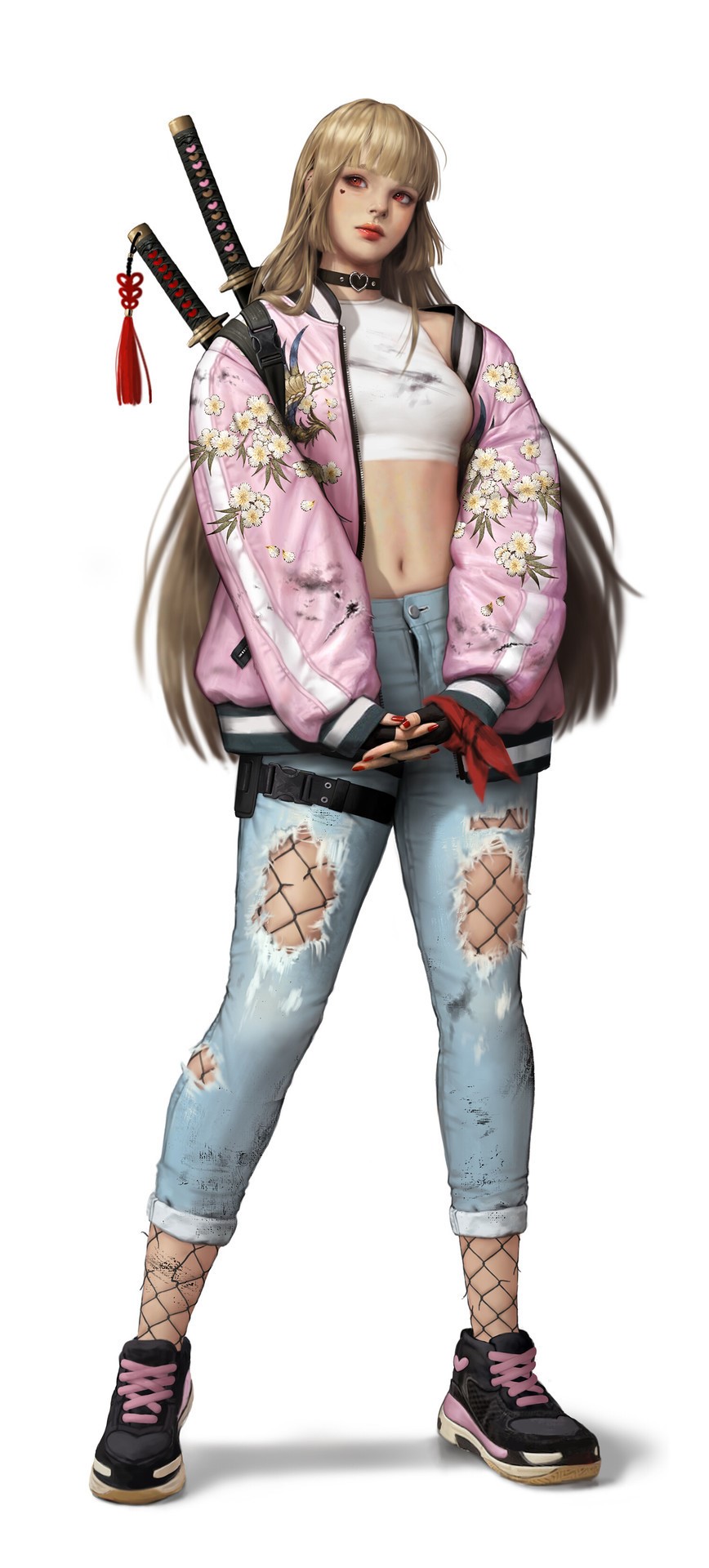 Anime girl with swords and pink jacket HD Phone Wallpaper