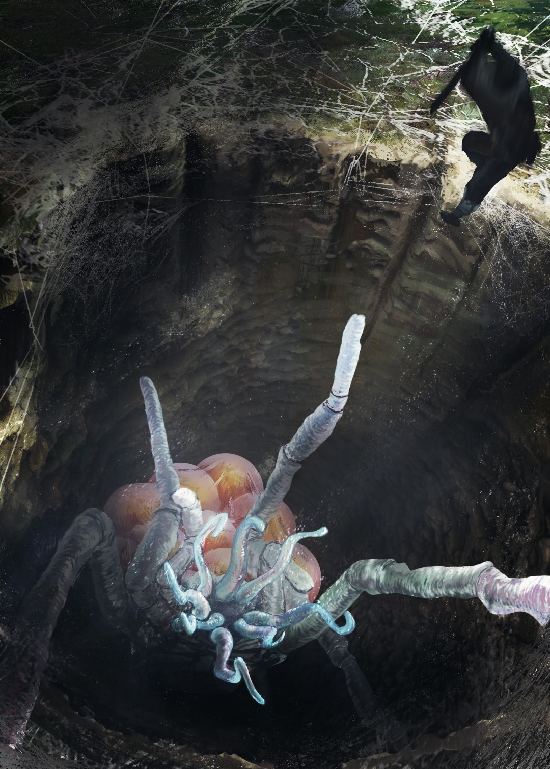 Giant spider with eggs and a person in a cave HD Phone Wallpaper