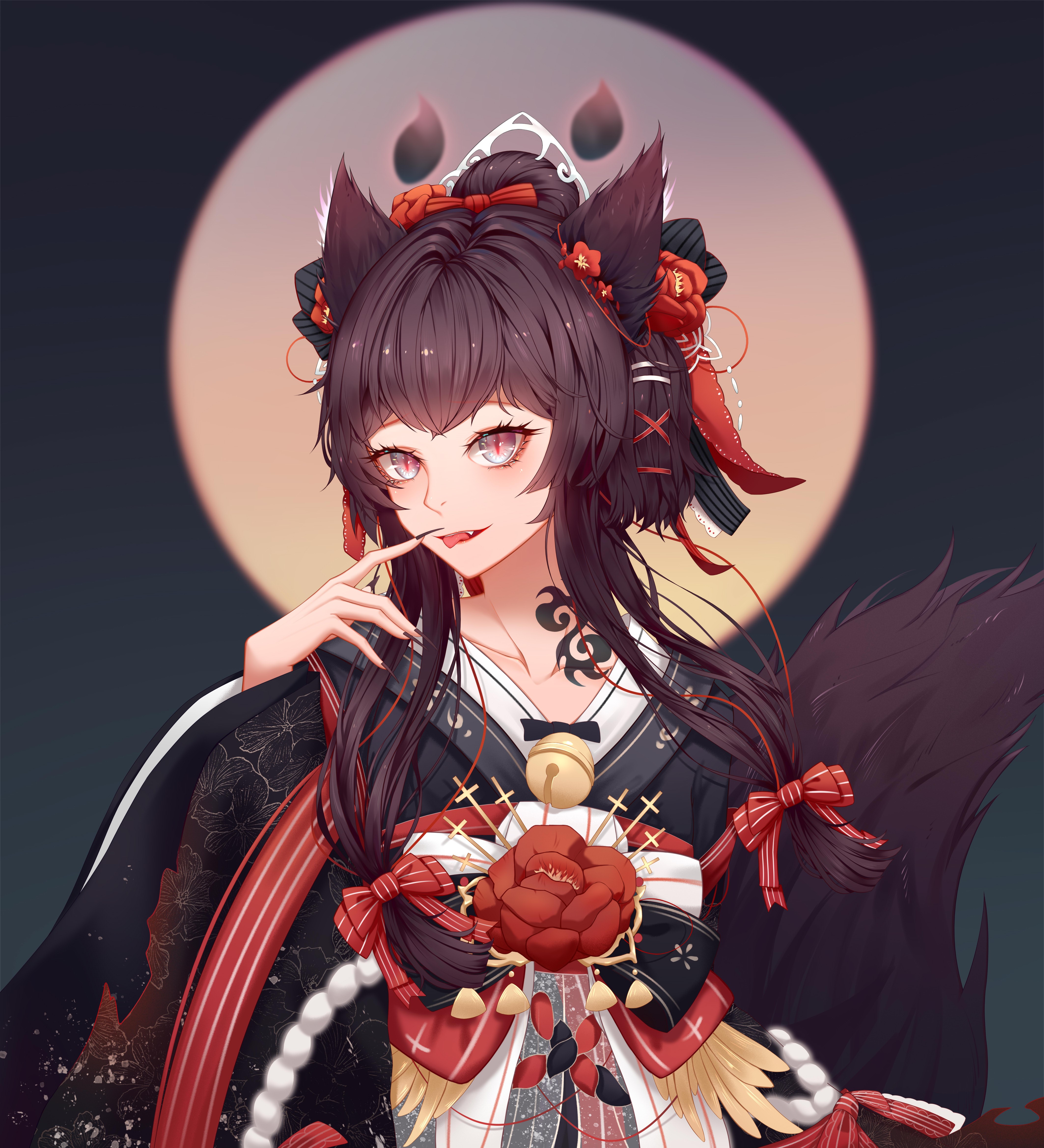 Anime girl with fox ears in traditional Japanese attire HD Phone Wallpaper