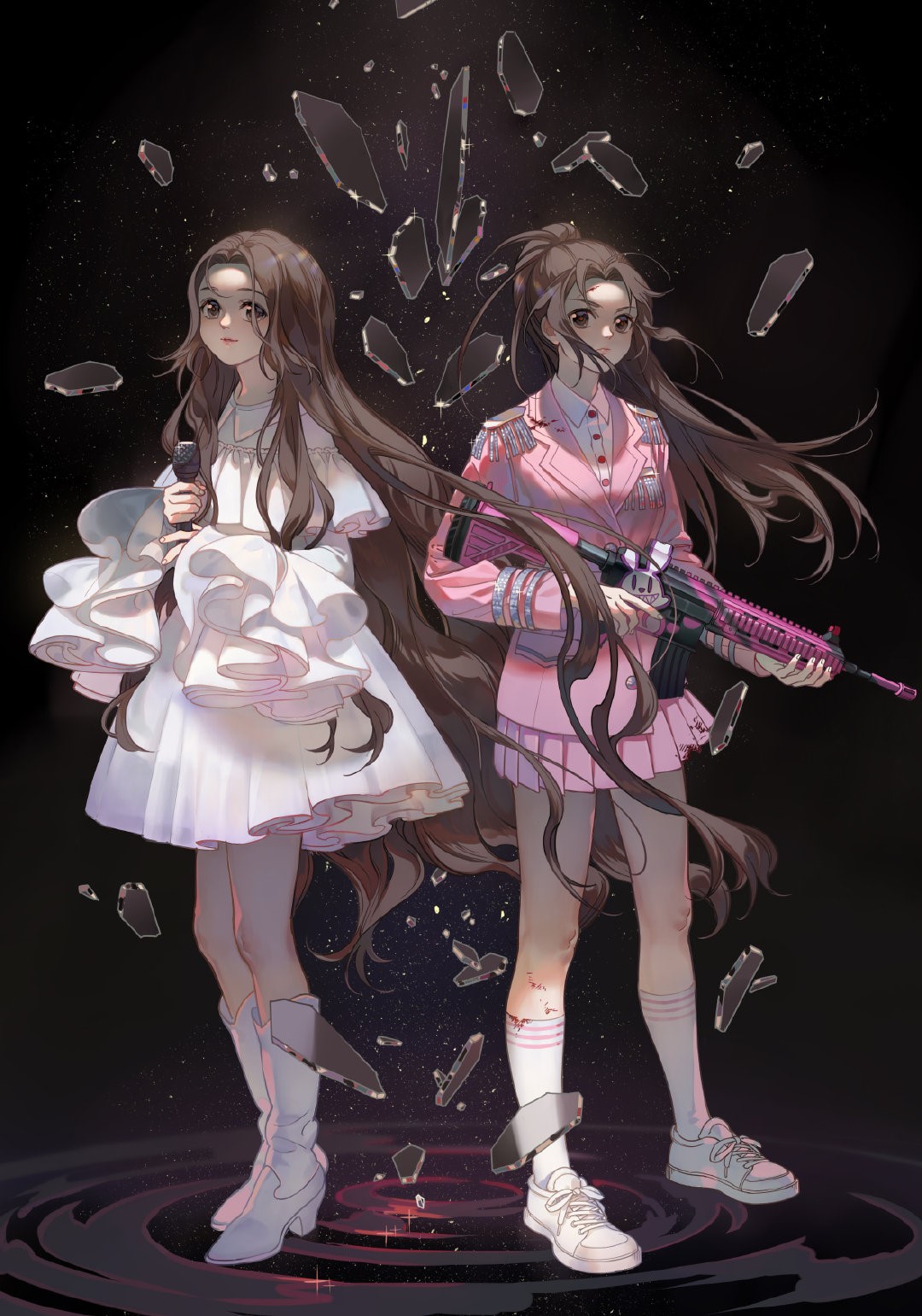Two anime girls, one with a microphone, one with a gun HD Phone Wallpaper