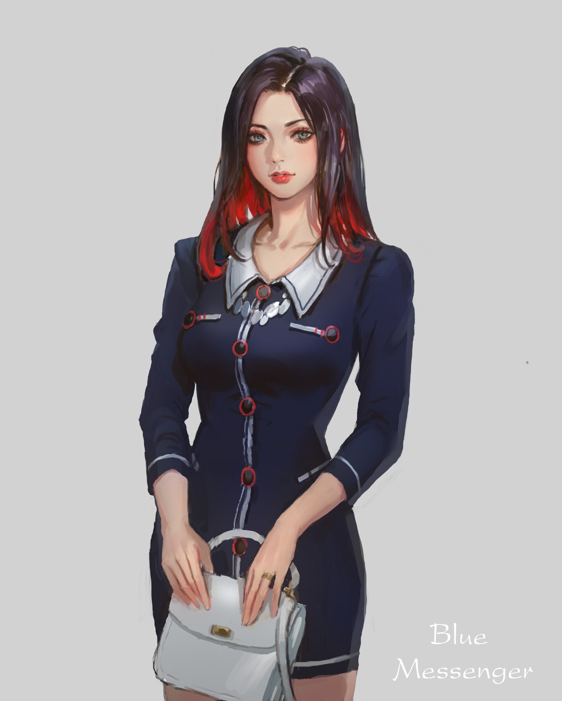 Anime girl with red streaks in hair holding purse HD Phone Wallpaper