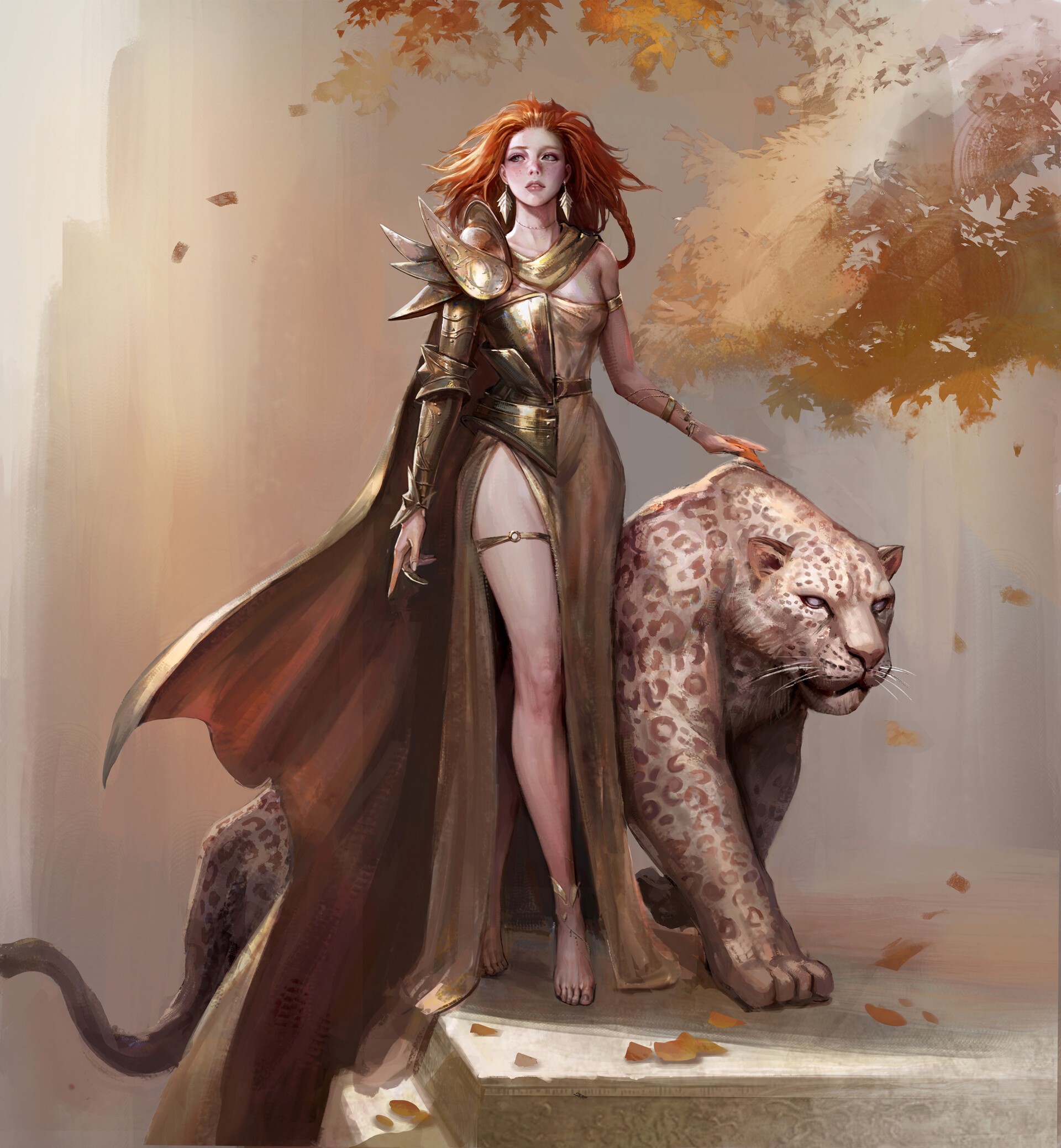 Fantasy warrior woman with a leopard HD Phone Wallpaper