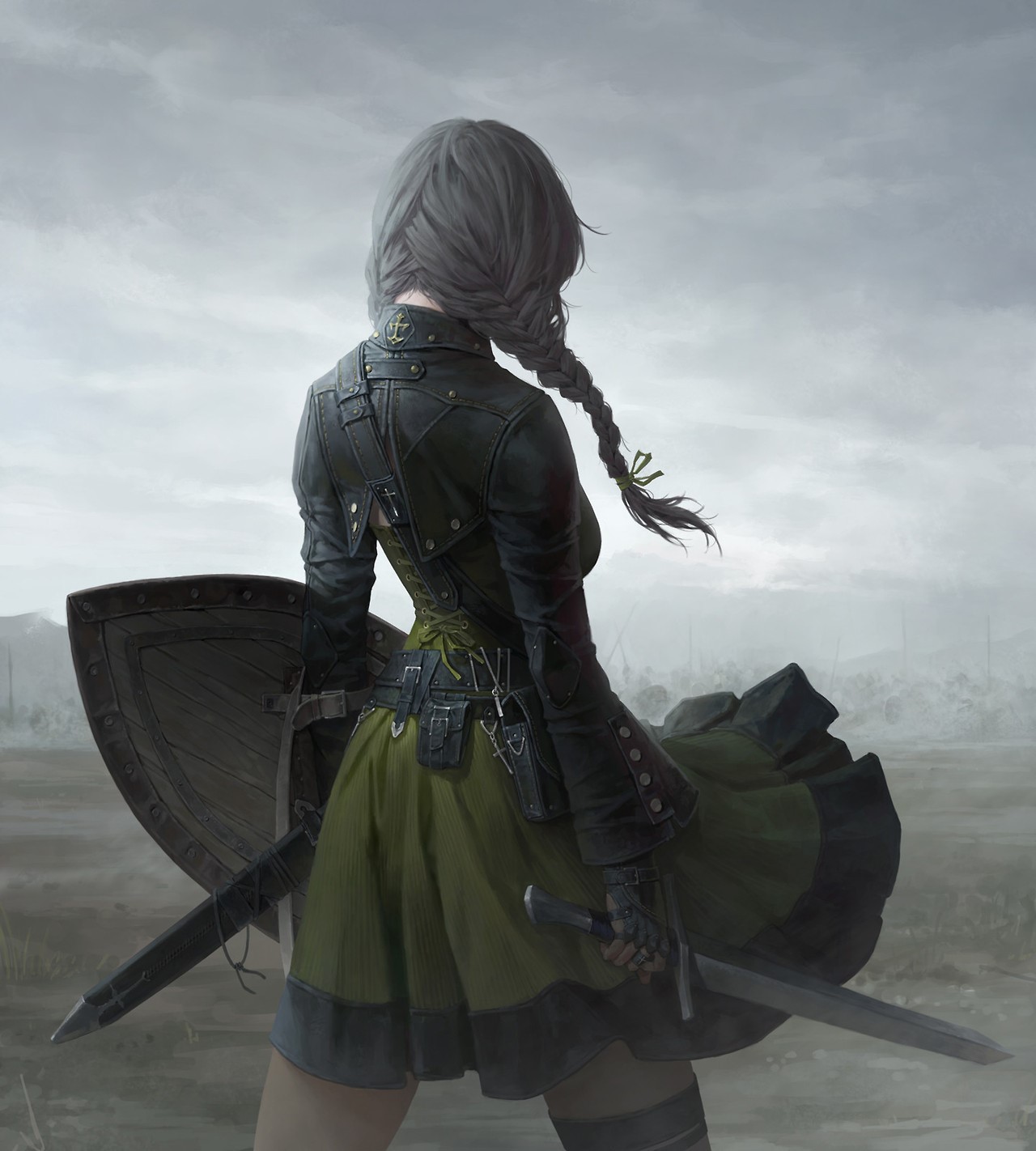 Woman with sword and shield in a field HD Phone Wallpaper
