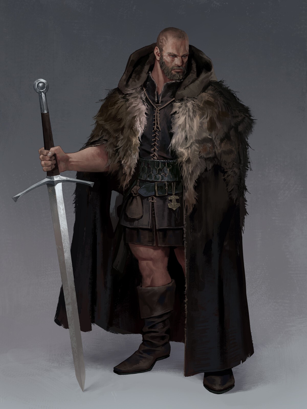 Fantasy warrior with sword and fur cloak HD Phone Wallpaper