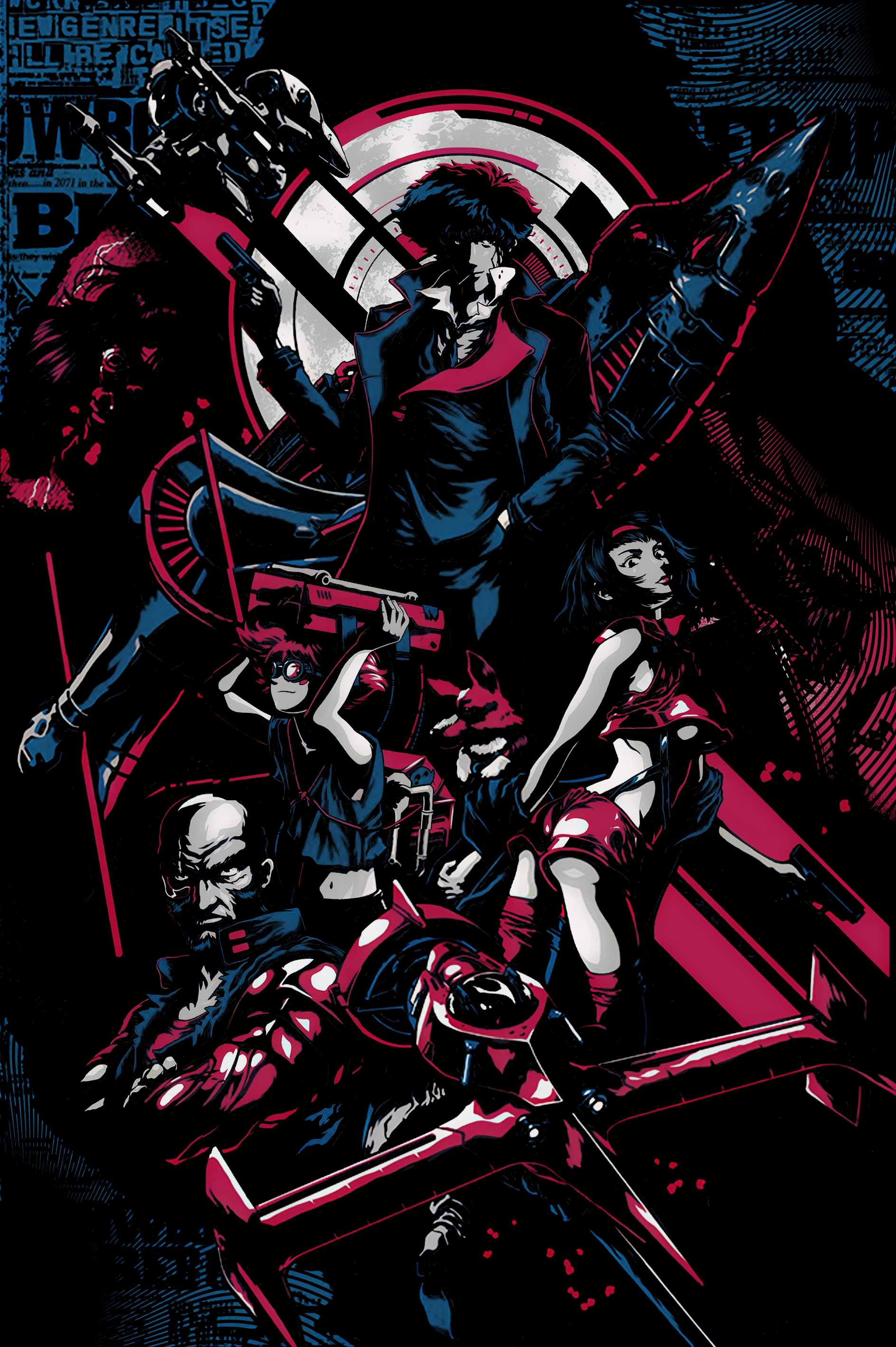 Cowboy Bebop characters in a stylized illustration HD Phone Wallpaper