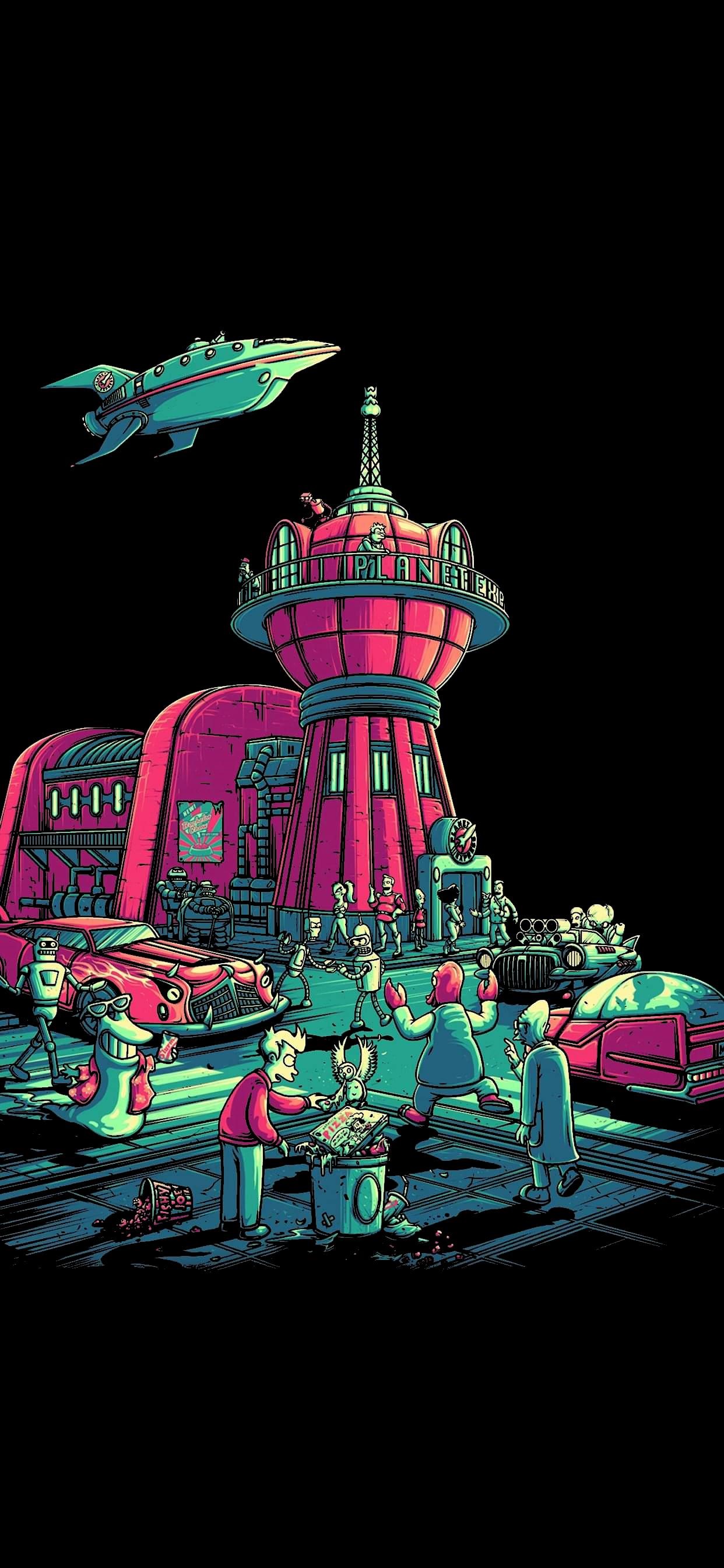 Futurama artwork of Planet Express building and characters HD Phone Wallpaper