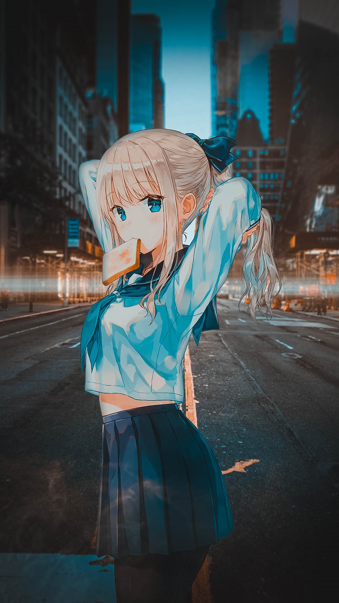 Anime girl with blonde hair and blue eyes in a school uniform HD Phone Wallpaper