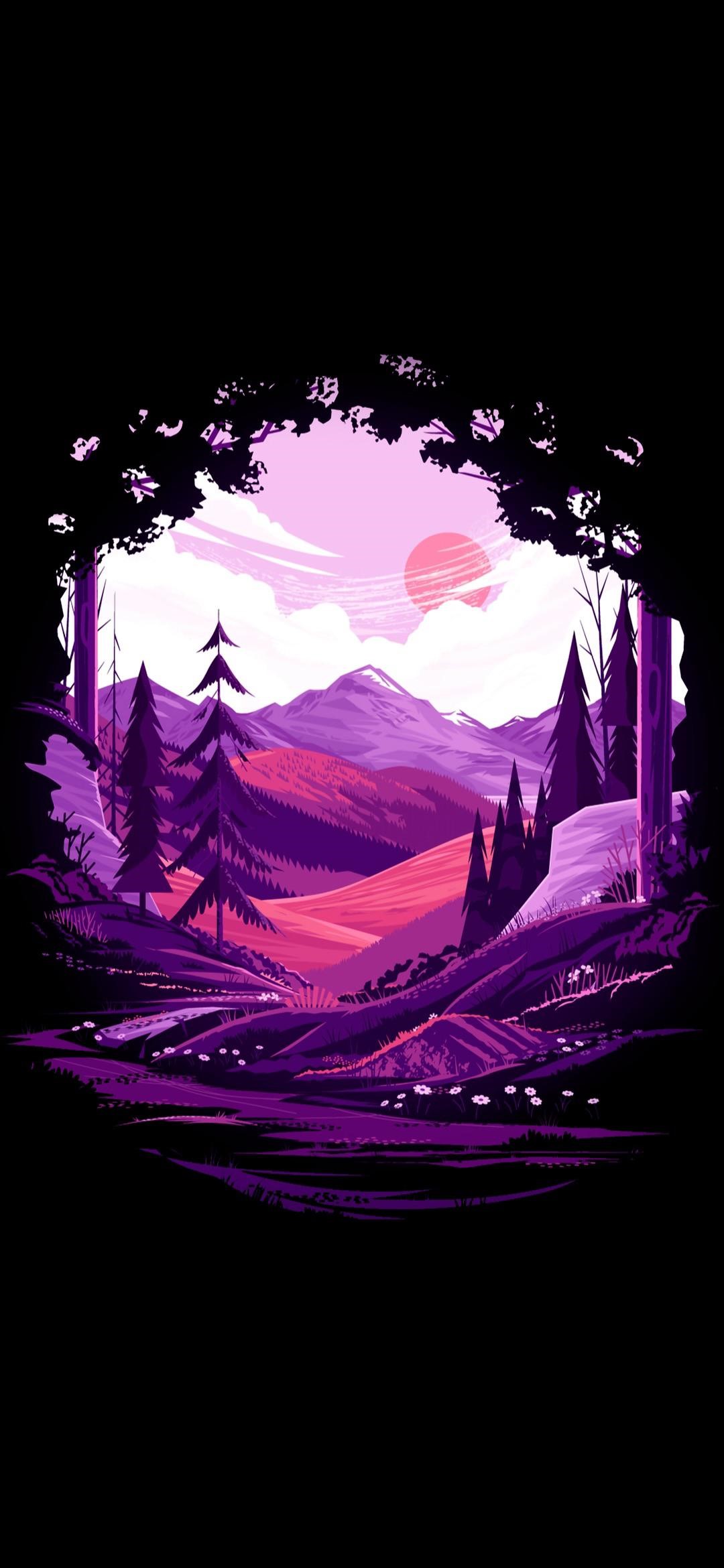 Purple mountain landscape with trees and sun HD Phone Wallpaper