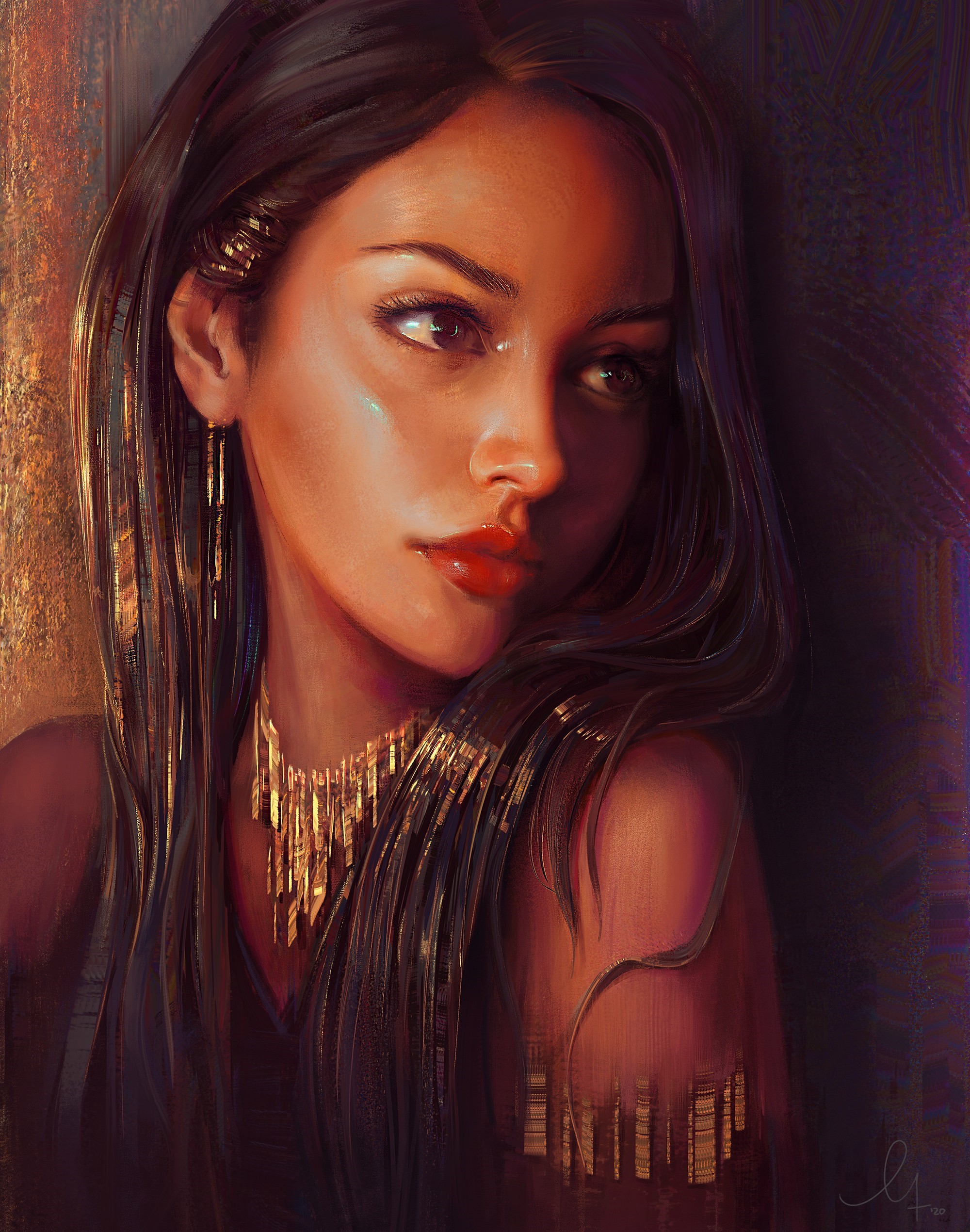 Digital art portrait of a woman with necklace HD Phone Wallpaper