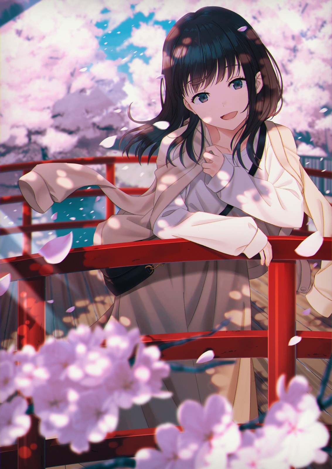 Anime girl smiling under cherry blossoms HD Phone Wallpaper