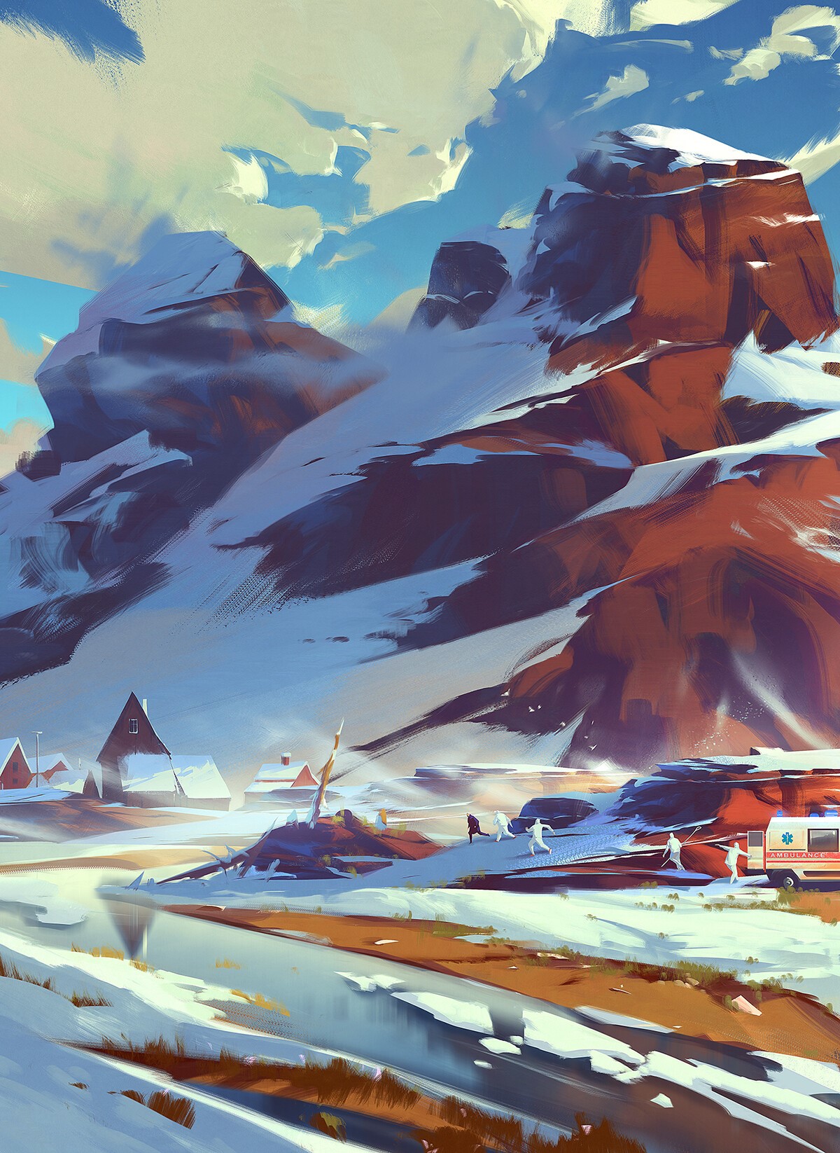 Winter landscape with mountains, lake, and people near ambulance HD Phone Wallpaper