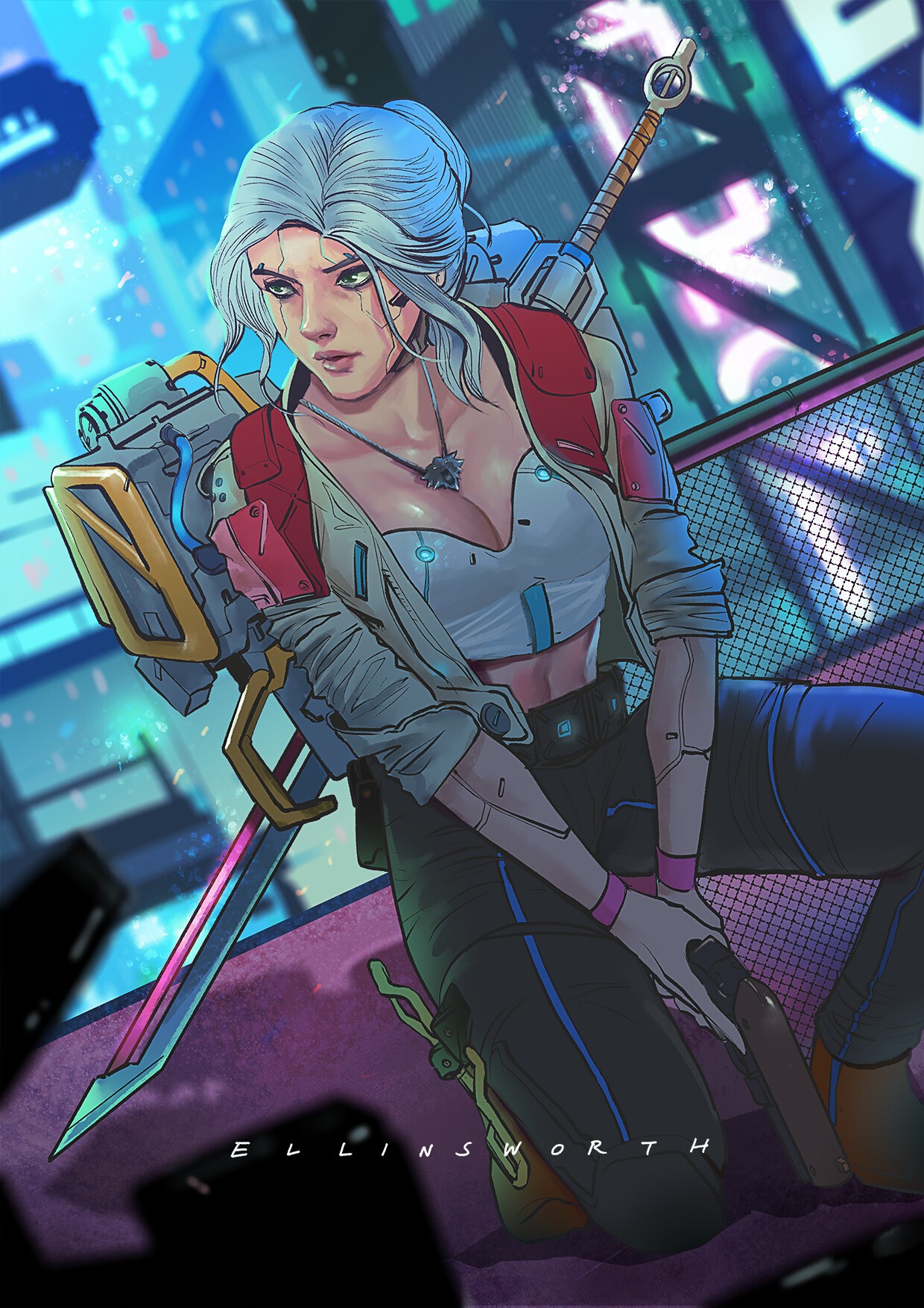 Ciri from The Witcher crossover with Cyberpunk 2077 HD Phone Wallpaper