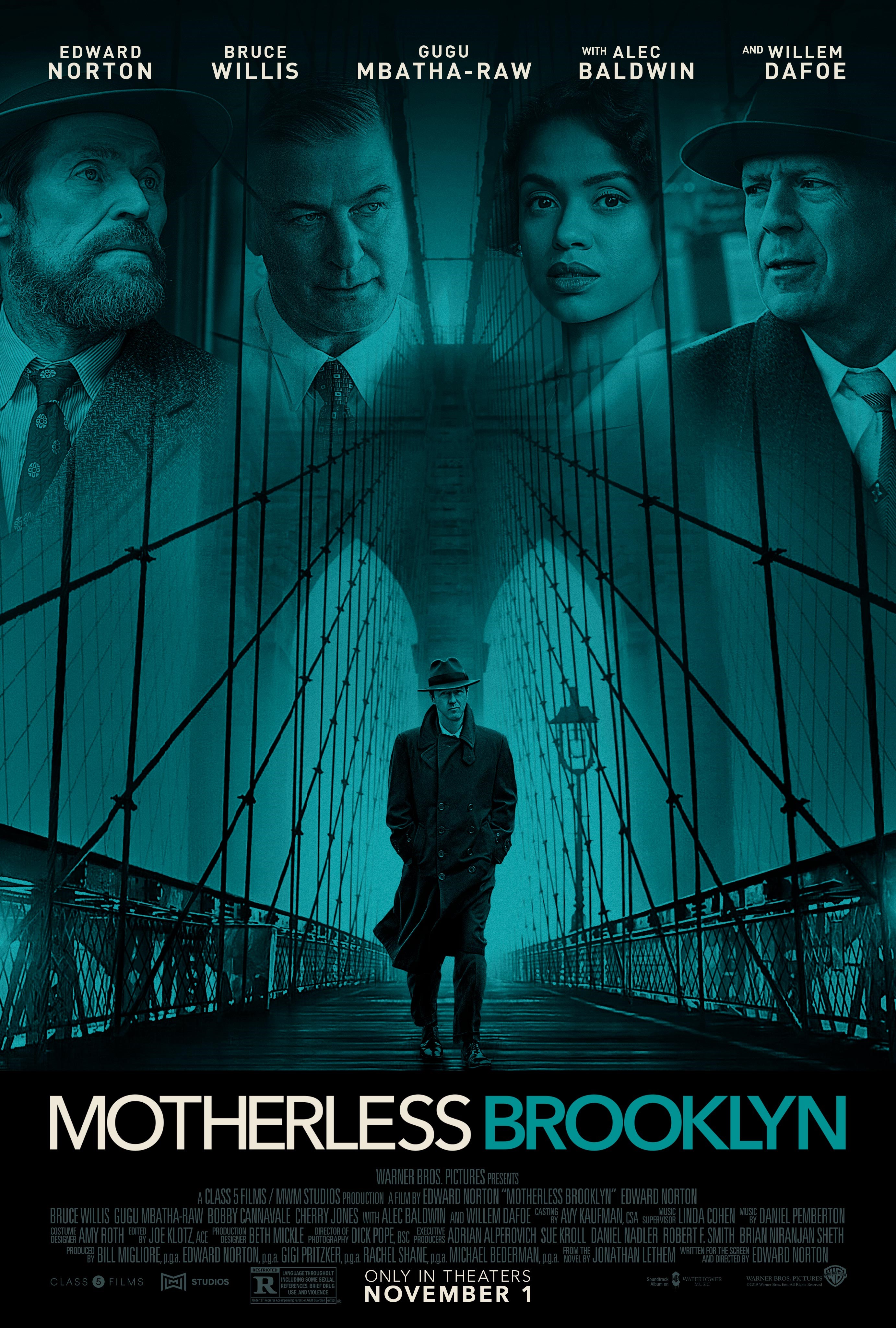 Motherless Brooklyn movie poster with Edward Norton, Bruce Willis, Gugu Mbatha-Raw, Alec Baldwin, and Willem Dafoe HD Phone Wallpaper