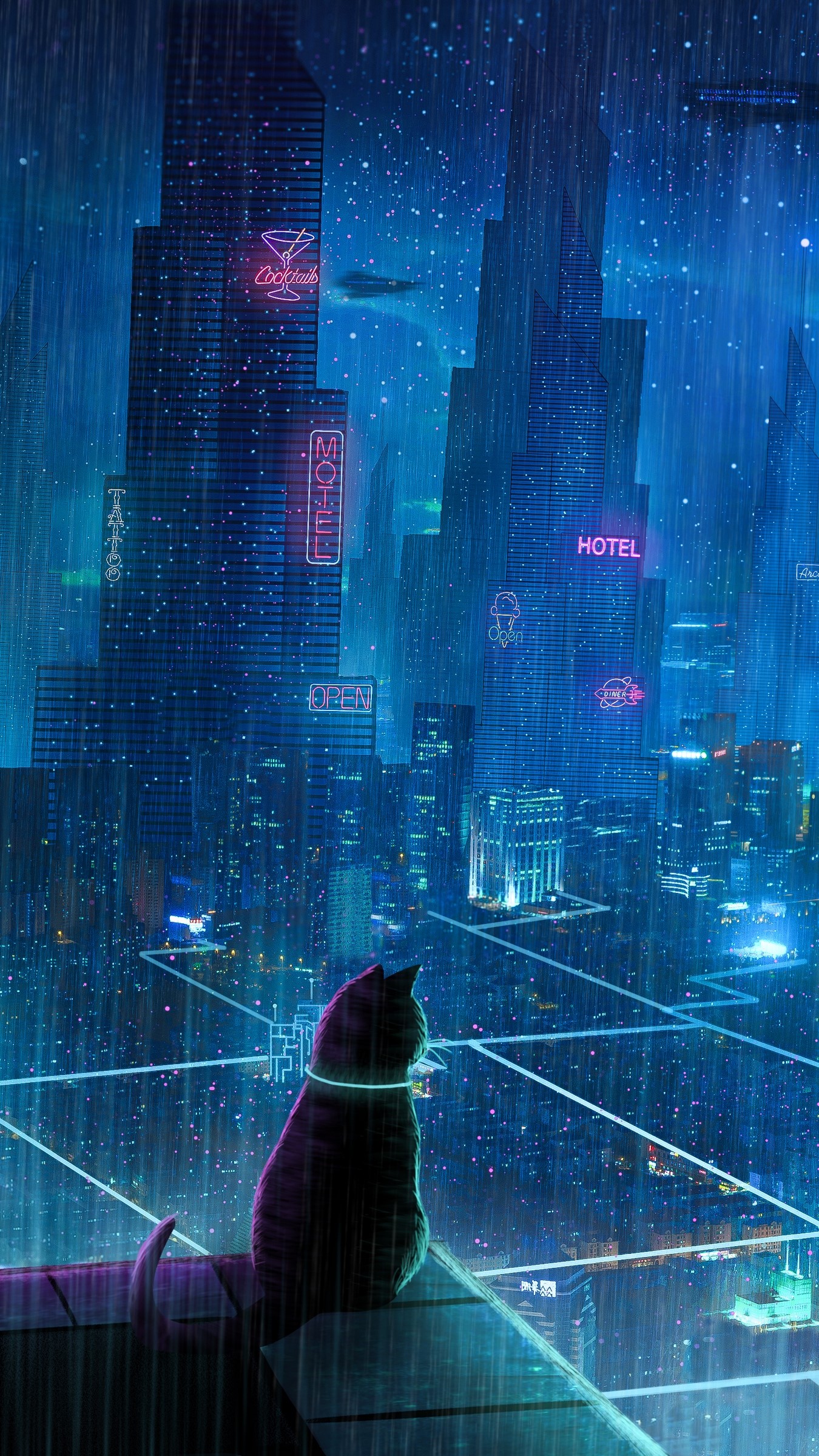 Cyberpunk cat in a rainy neon cityscape HD Phone Wallpaper