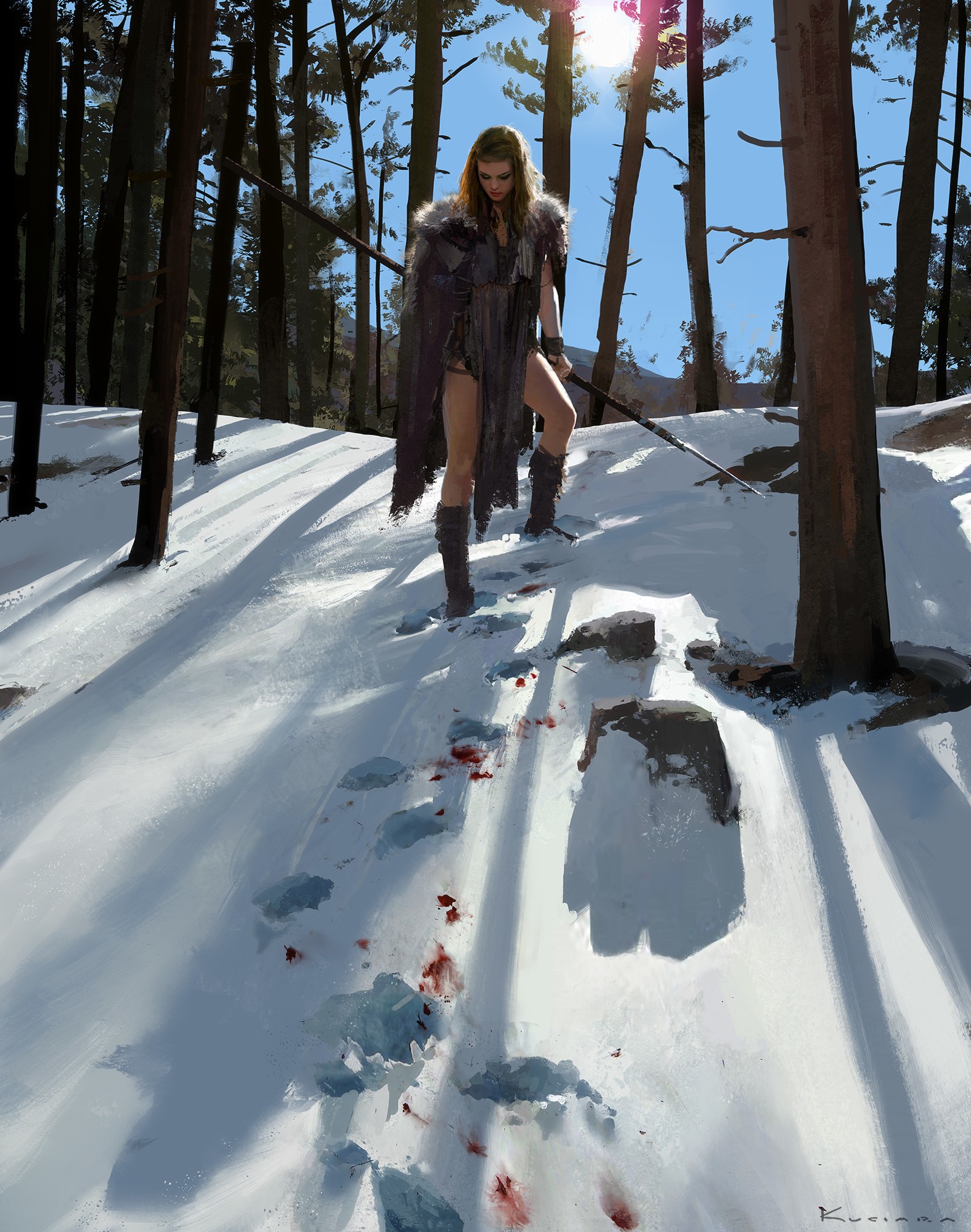 Barbarian woman with spear in snowy forest HD Phone Wallpaper