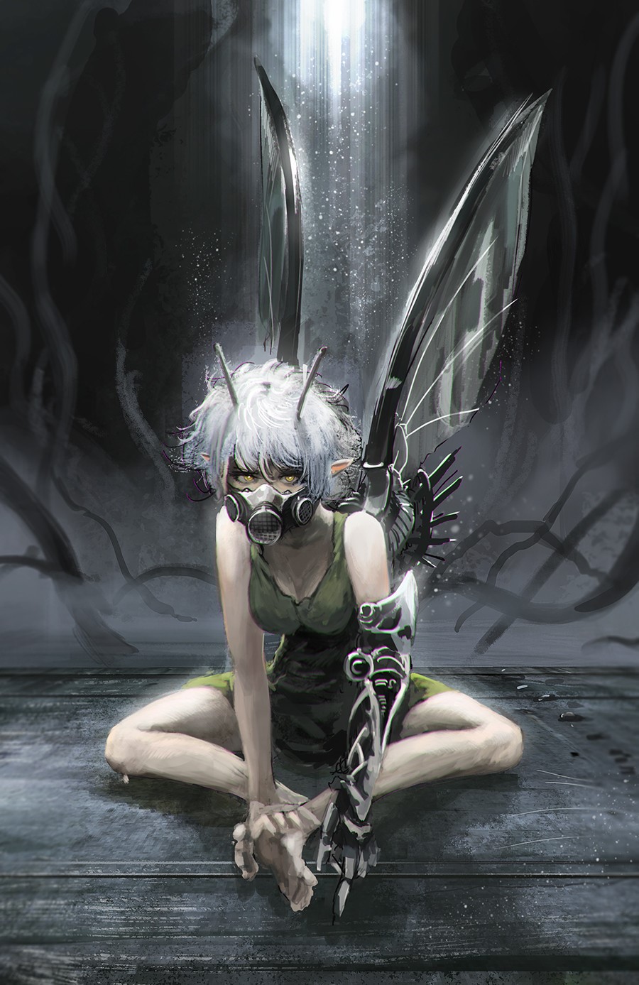 Cyborg fairy with gas mask and mechanical arm HD Phone Wallpaper