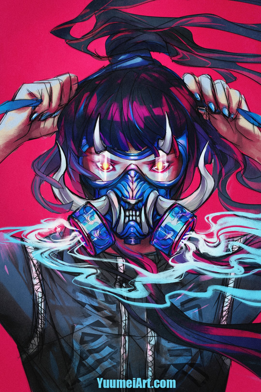 Girl with Oni mask and gas mask HD Phone Wallpaper