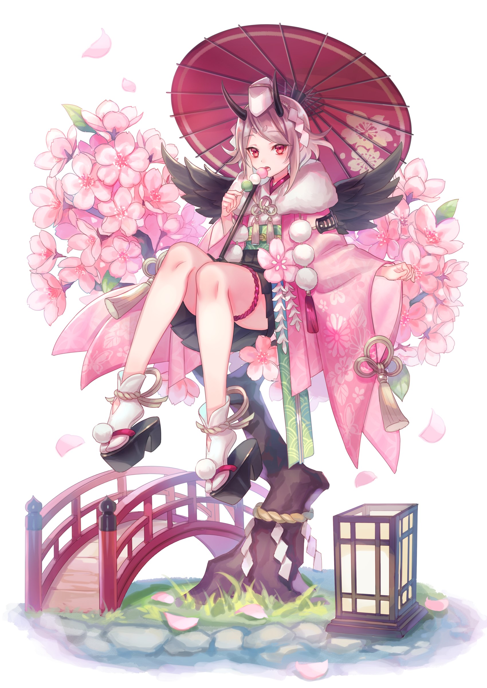 Anime girl with horns and wings holding an umbrella HD Phone Wallpaper