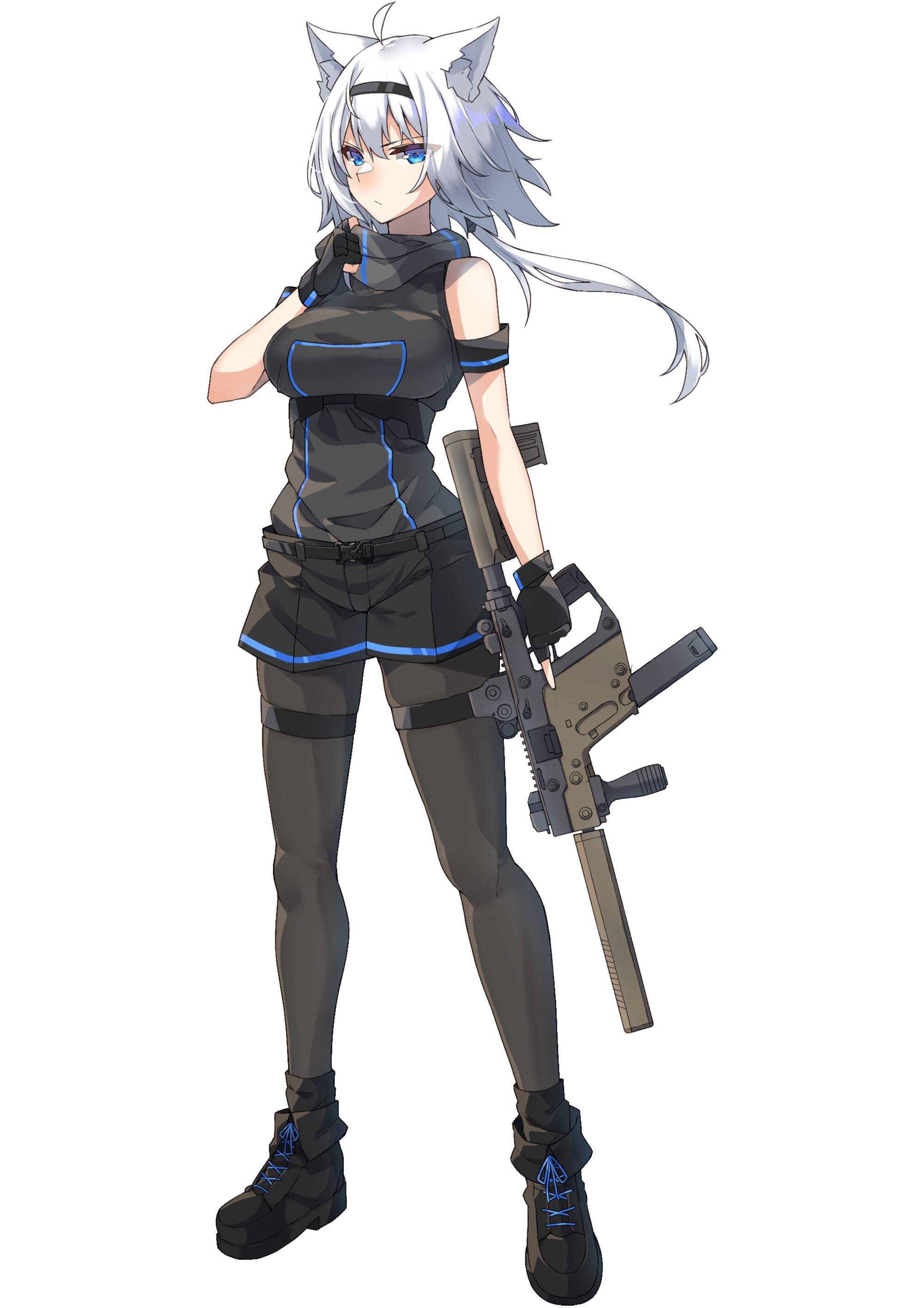 Anime girl with silver hair and cat ears holding a gun HD Phone Wallpaper