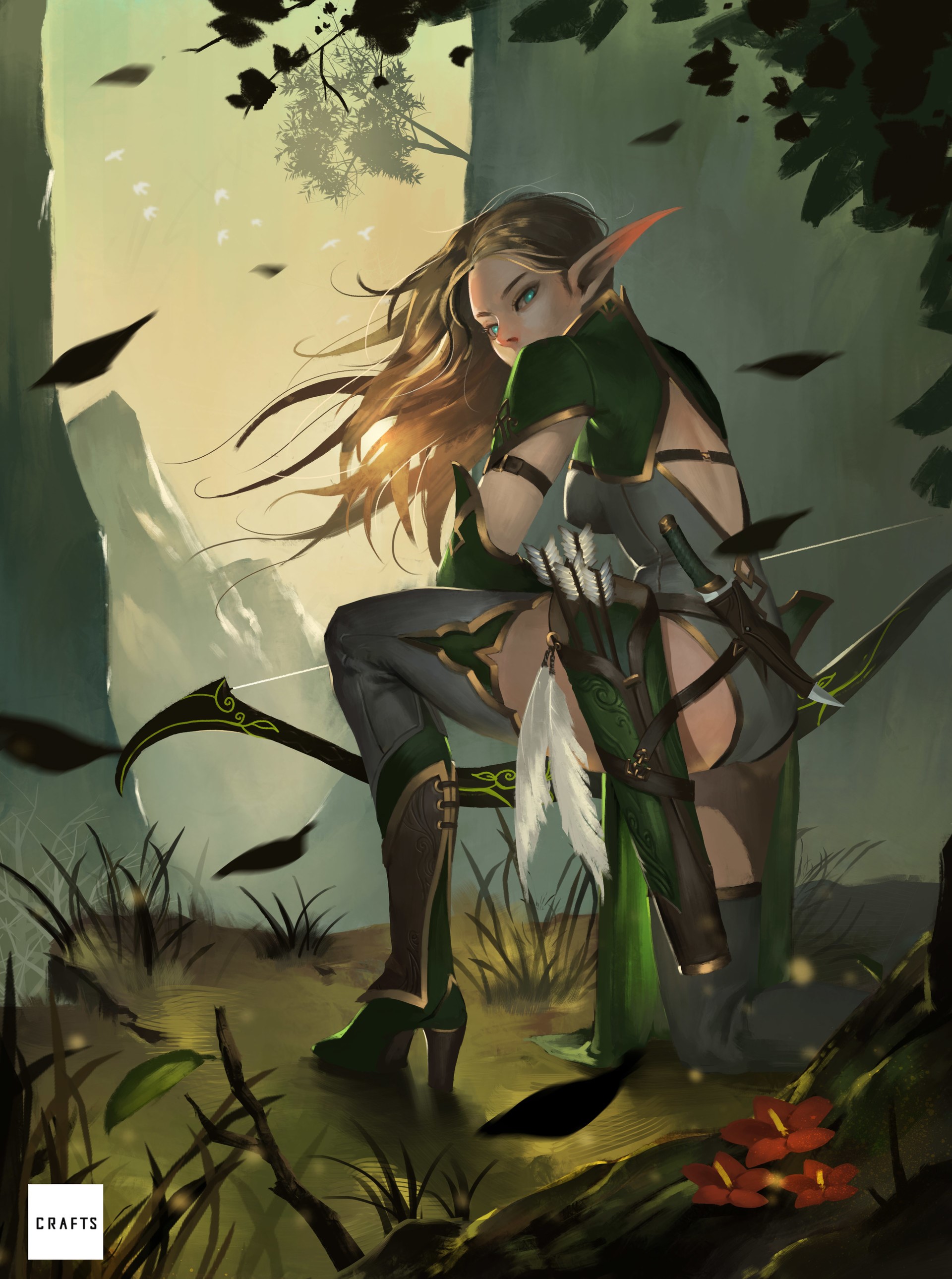 Elf archer in green outfit in forest HD Phone Wallpaper