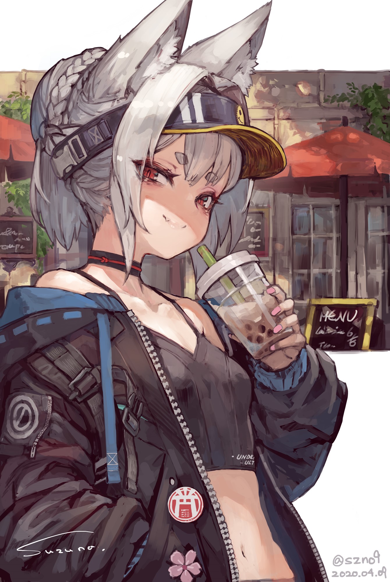 Suzuno, a fox girl, drinking bubble tea HD Phone Wallpaper