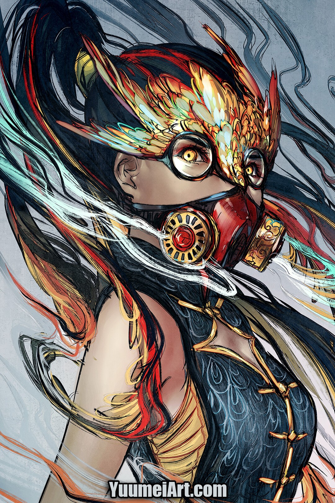 Woman with gas mask and bird-like headpiece HD Phone Wallpaper
